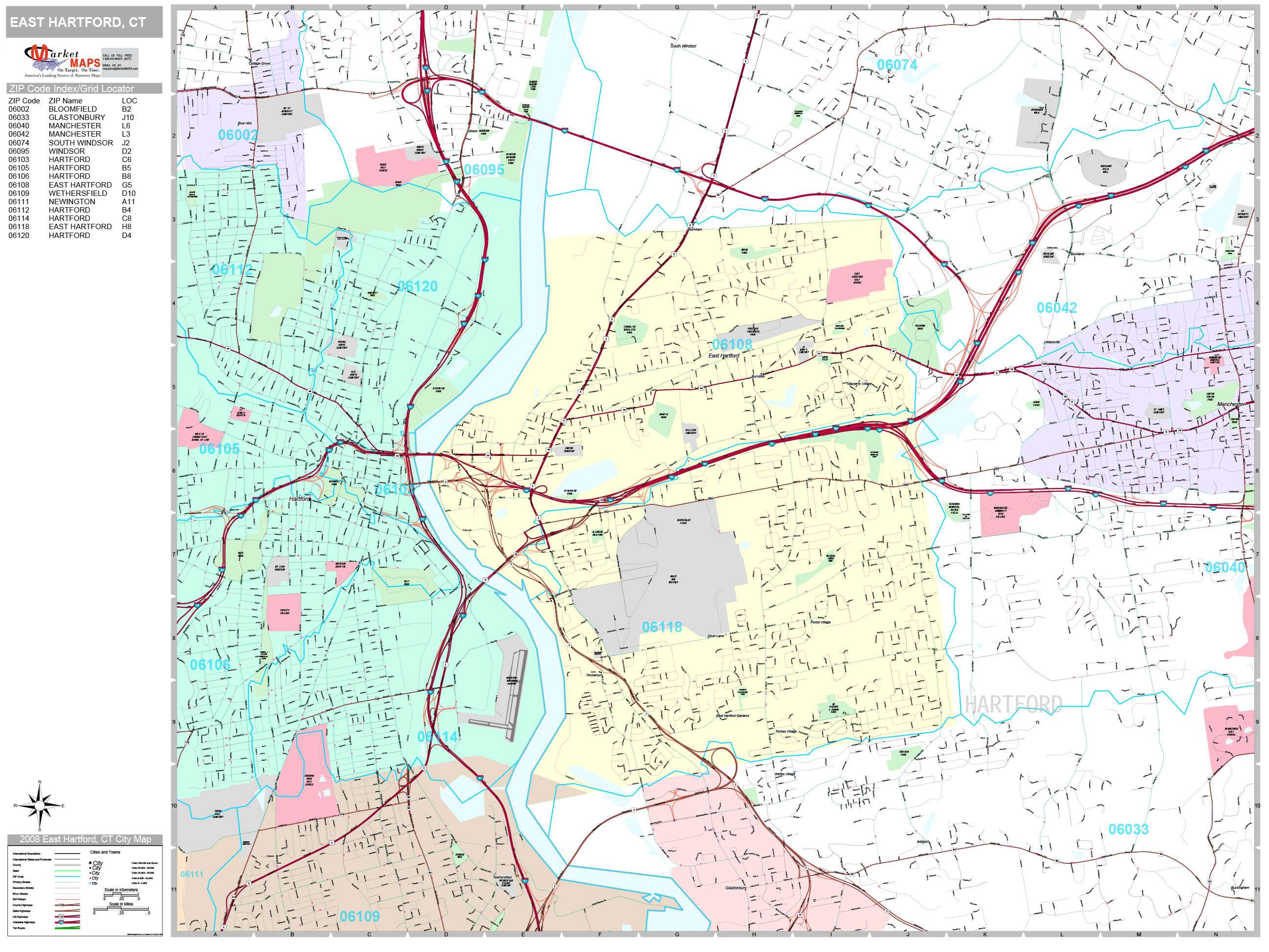 East Hartford Connecticut Wall Map (Premium Style) by MarketMAPS