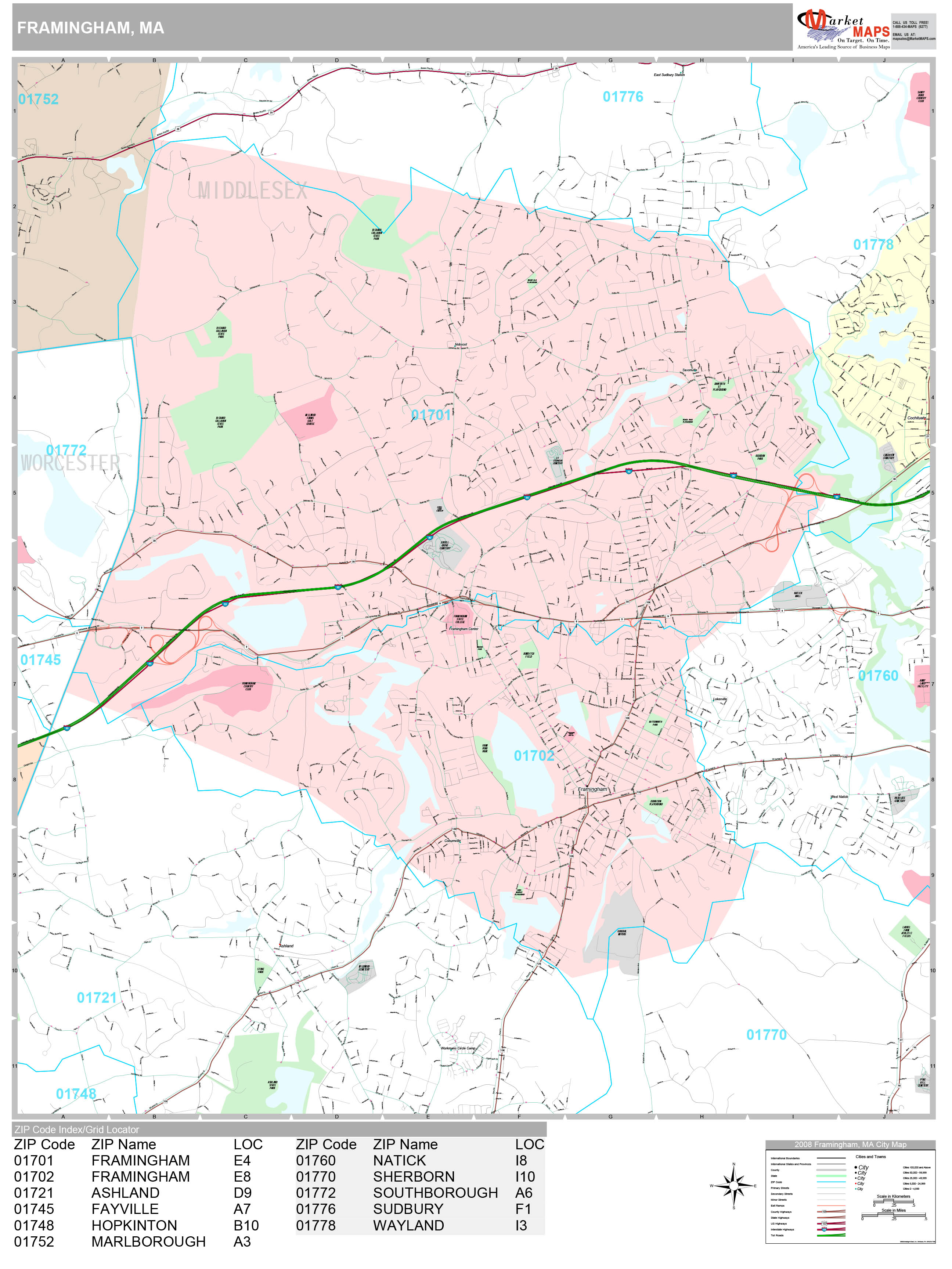 Framingham Massachusetts Wall Map (Premium Style)