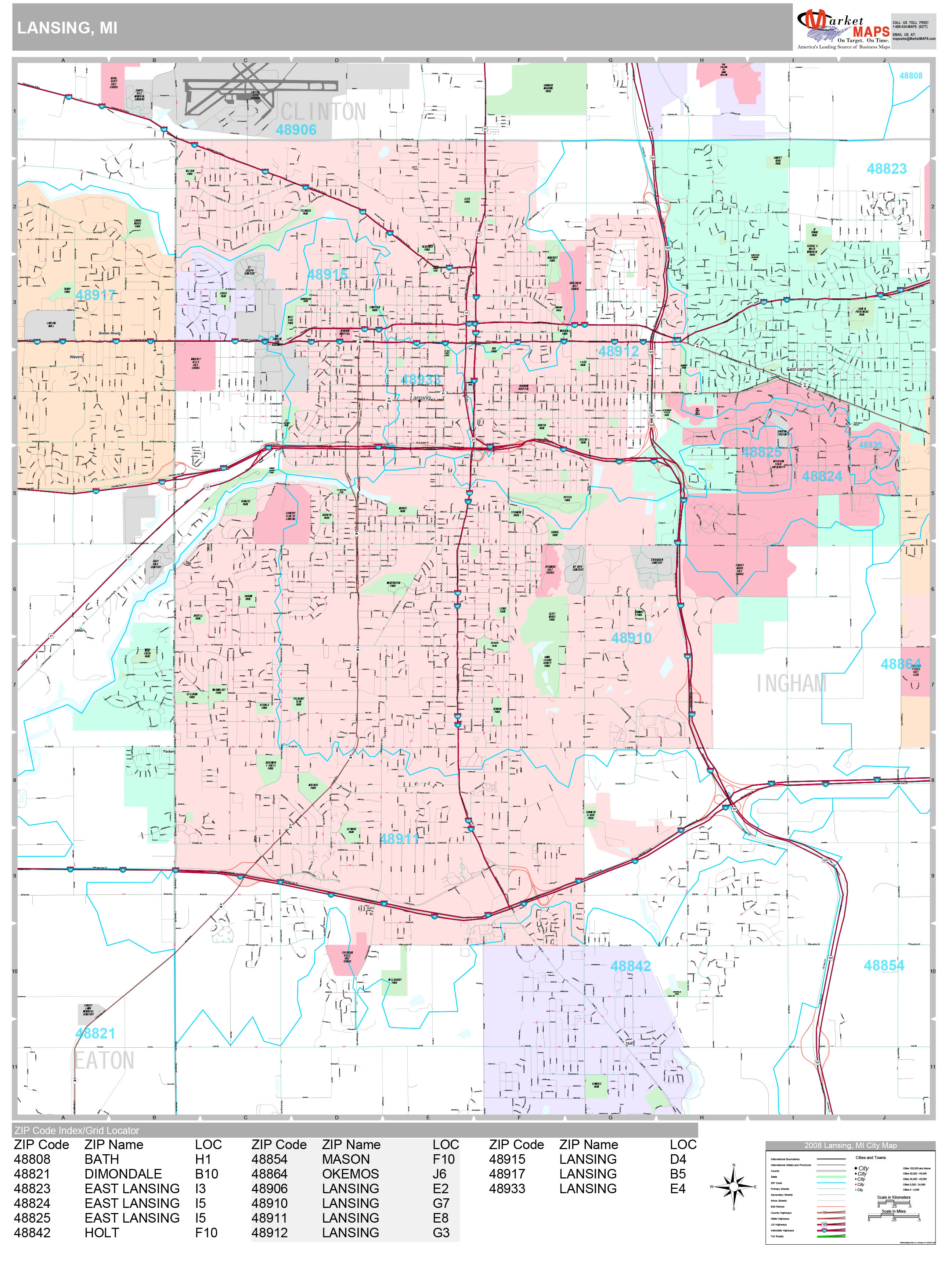 Lansing Michigan Wall Map (Premium Style) by MarketMAPS