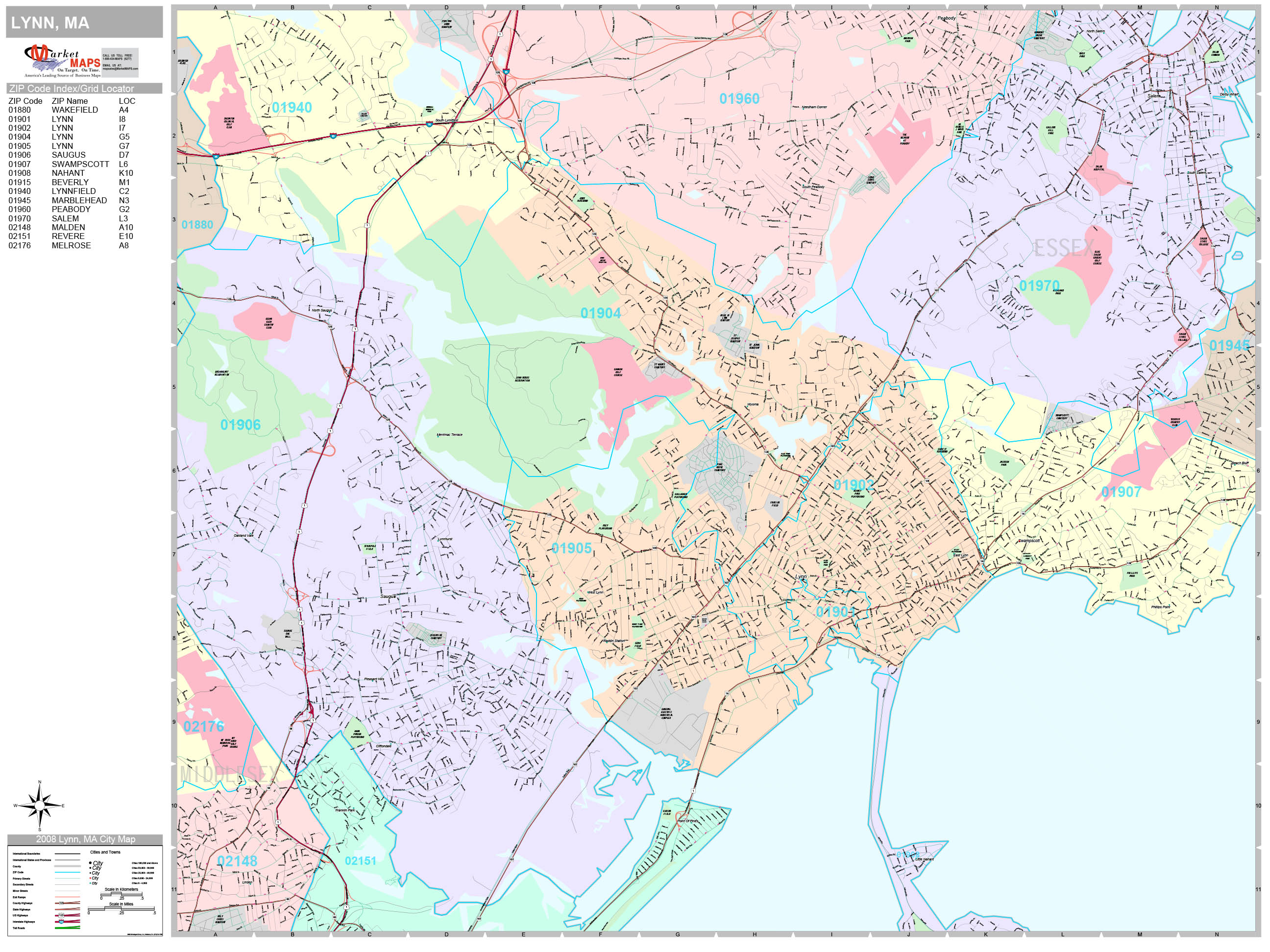 Lynn Massachusetts Wall Map (Premium Style) by MarketMAPS