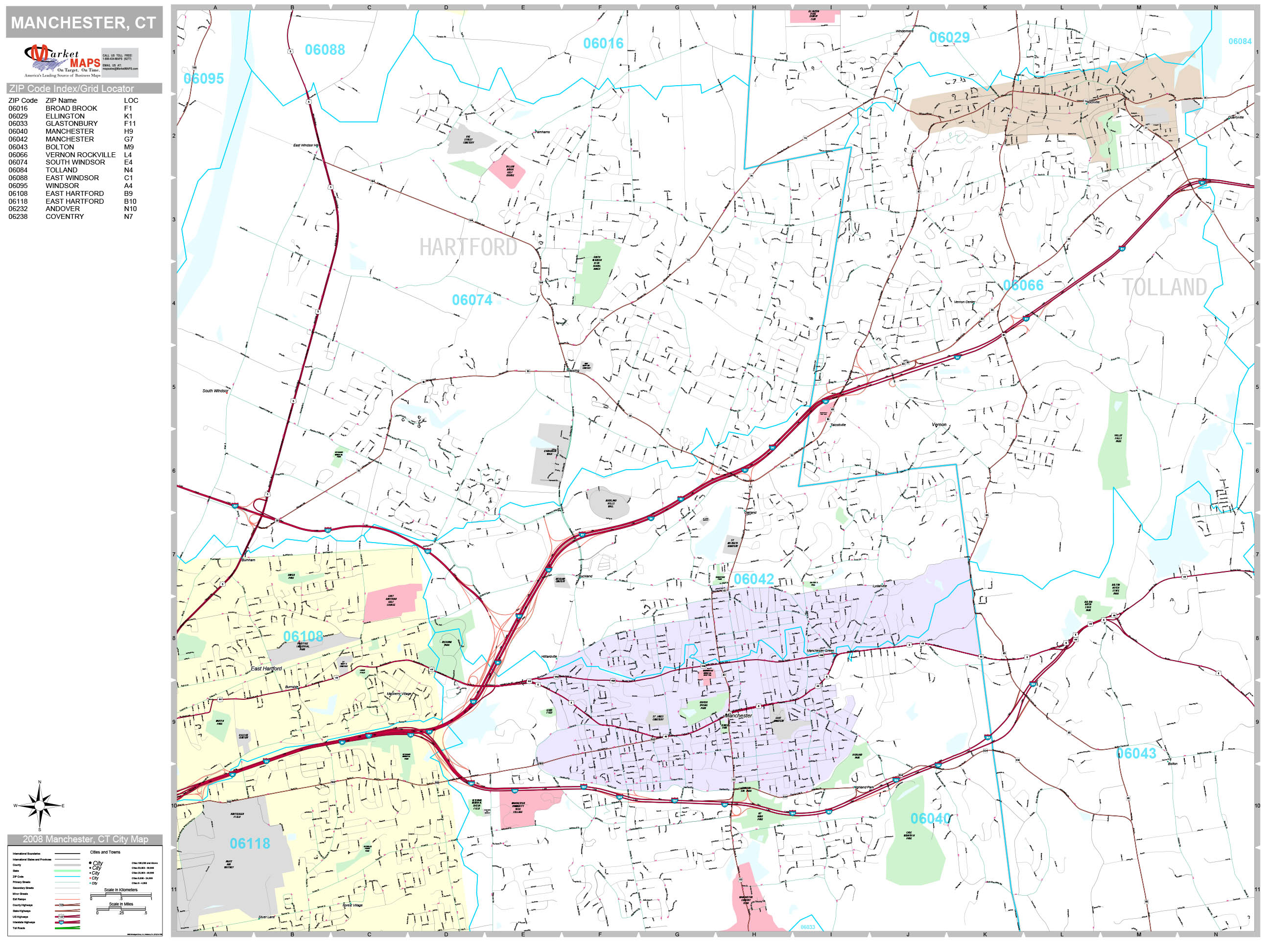 Manchester Connecticut Wall Map (Premium Style) by MarketMAPS