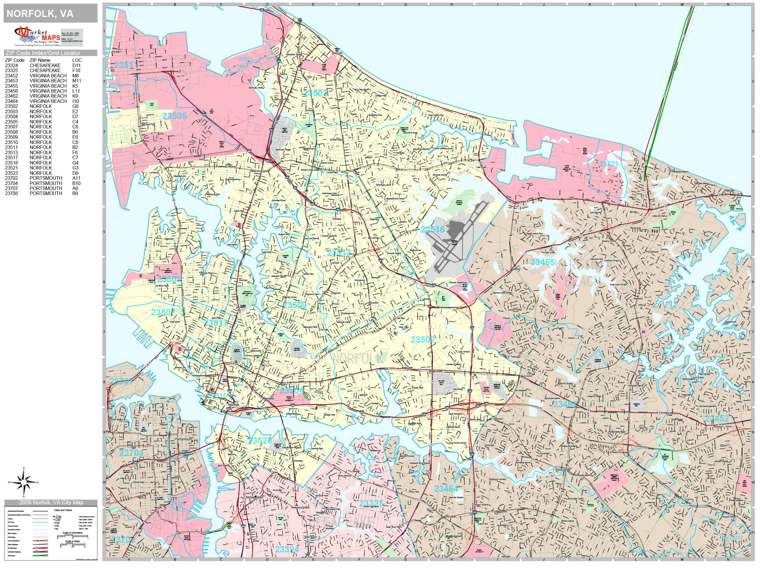 Norfolk Virginia Wall Map (Premium Style) by MarketMAPS