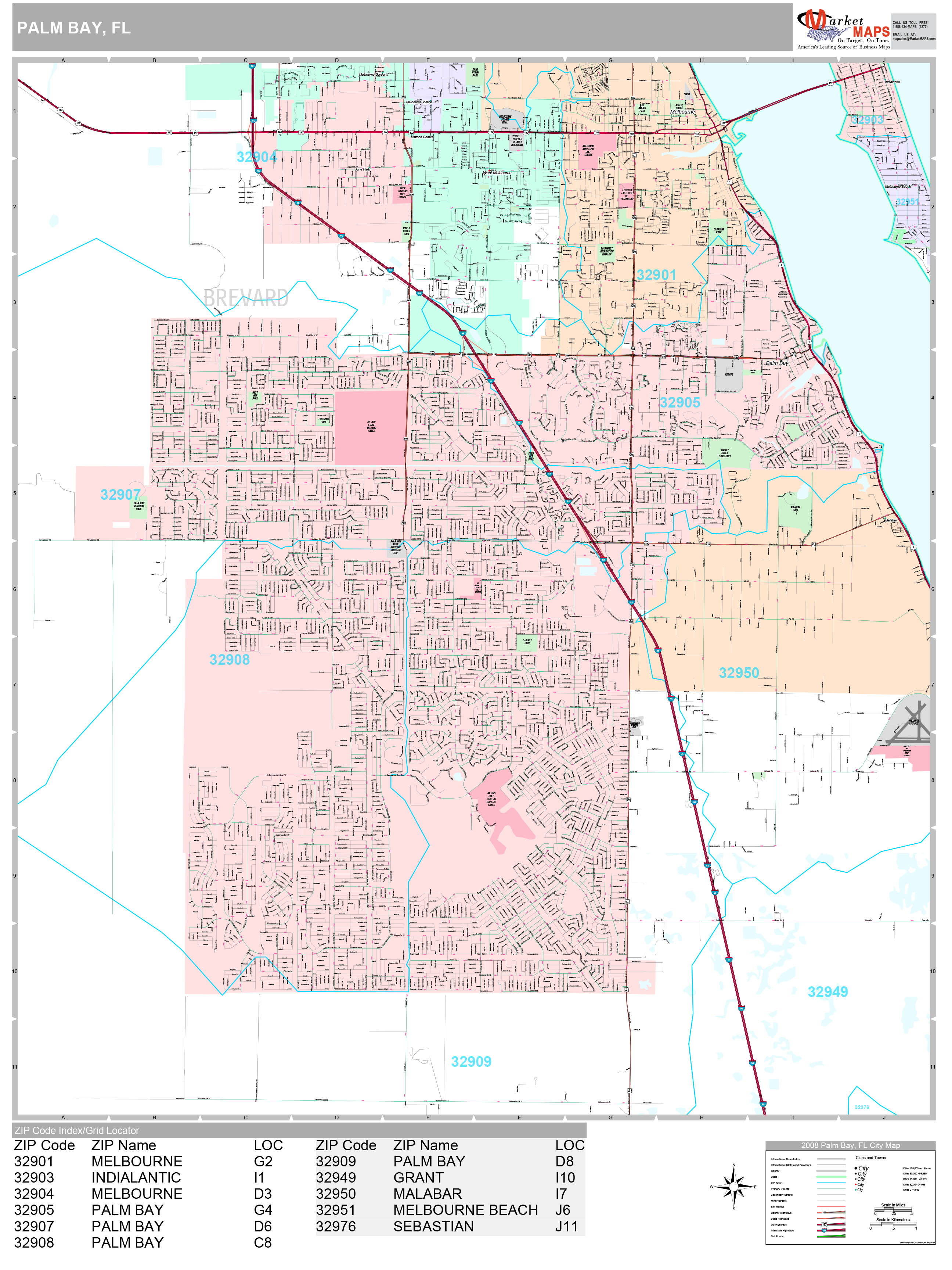 Palm Bay Florida Wall Map Premium - PalmBay FL