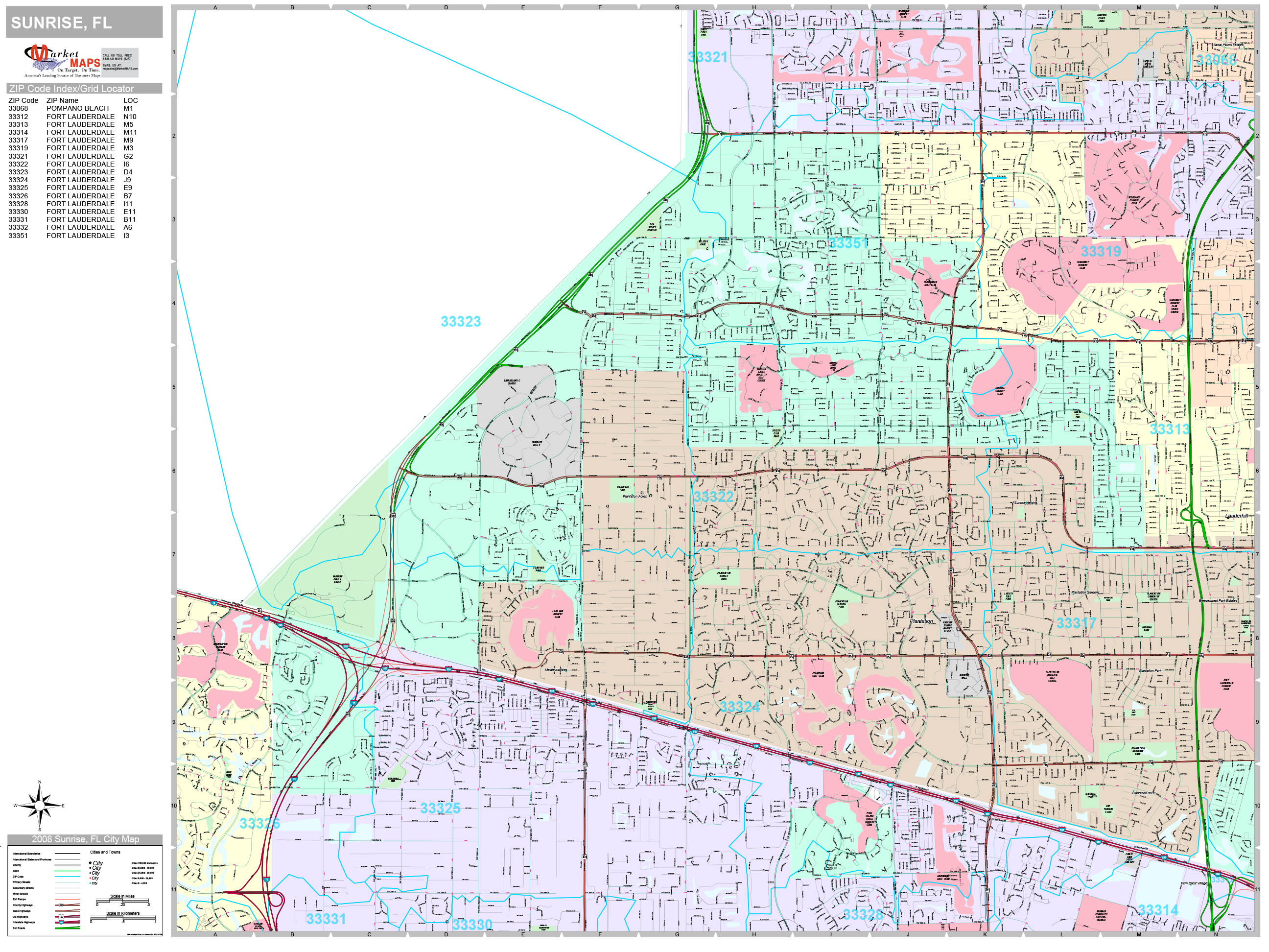 Sunrise Florida Wall Map Premium - Sunrise FL where is sunrise florida on a map