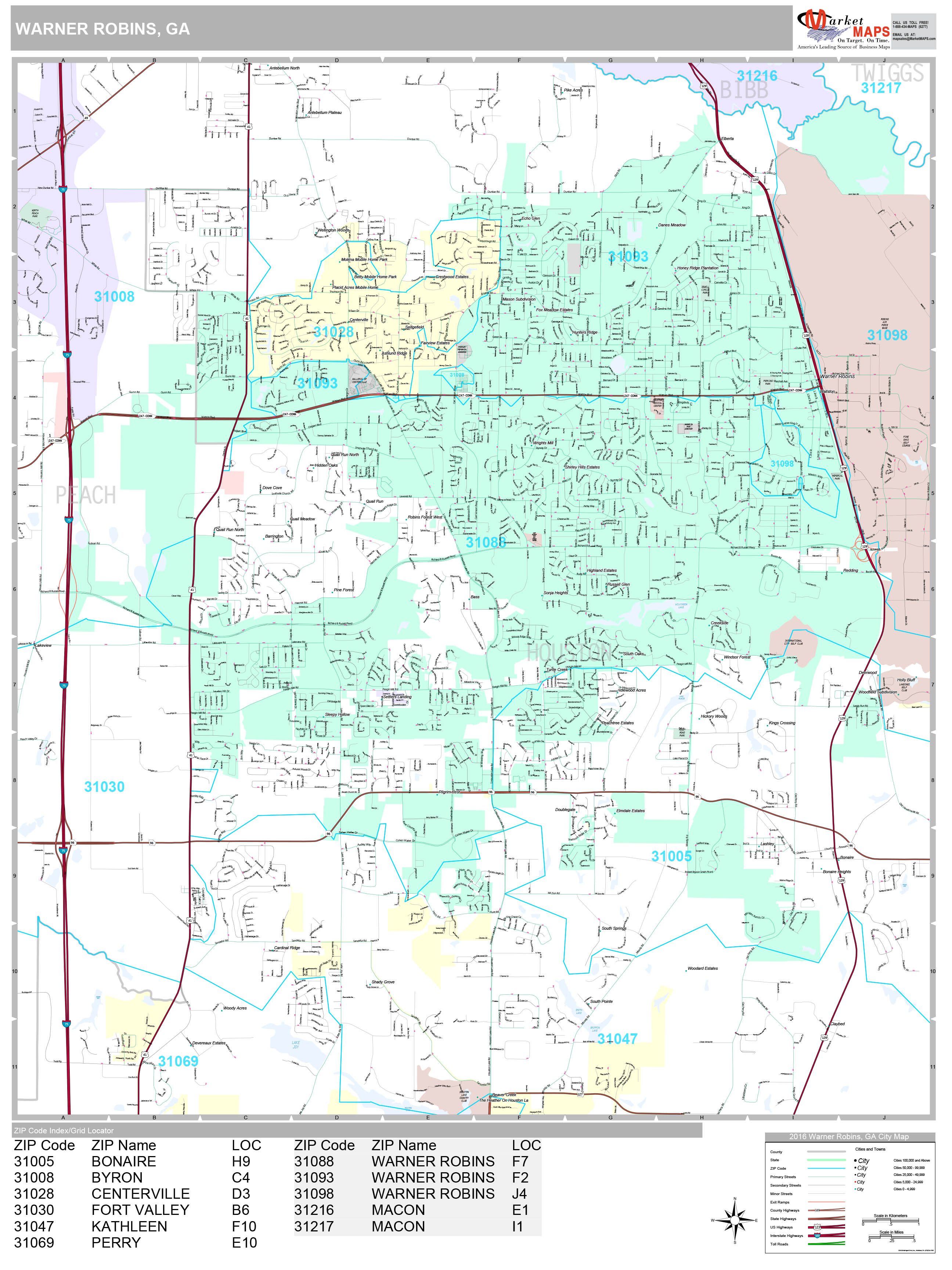 Warner Robins Wall Map (Premium Style) by MarketMAPS