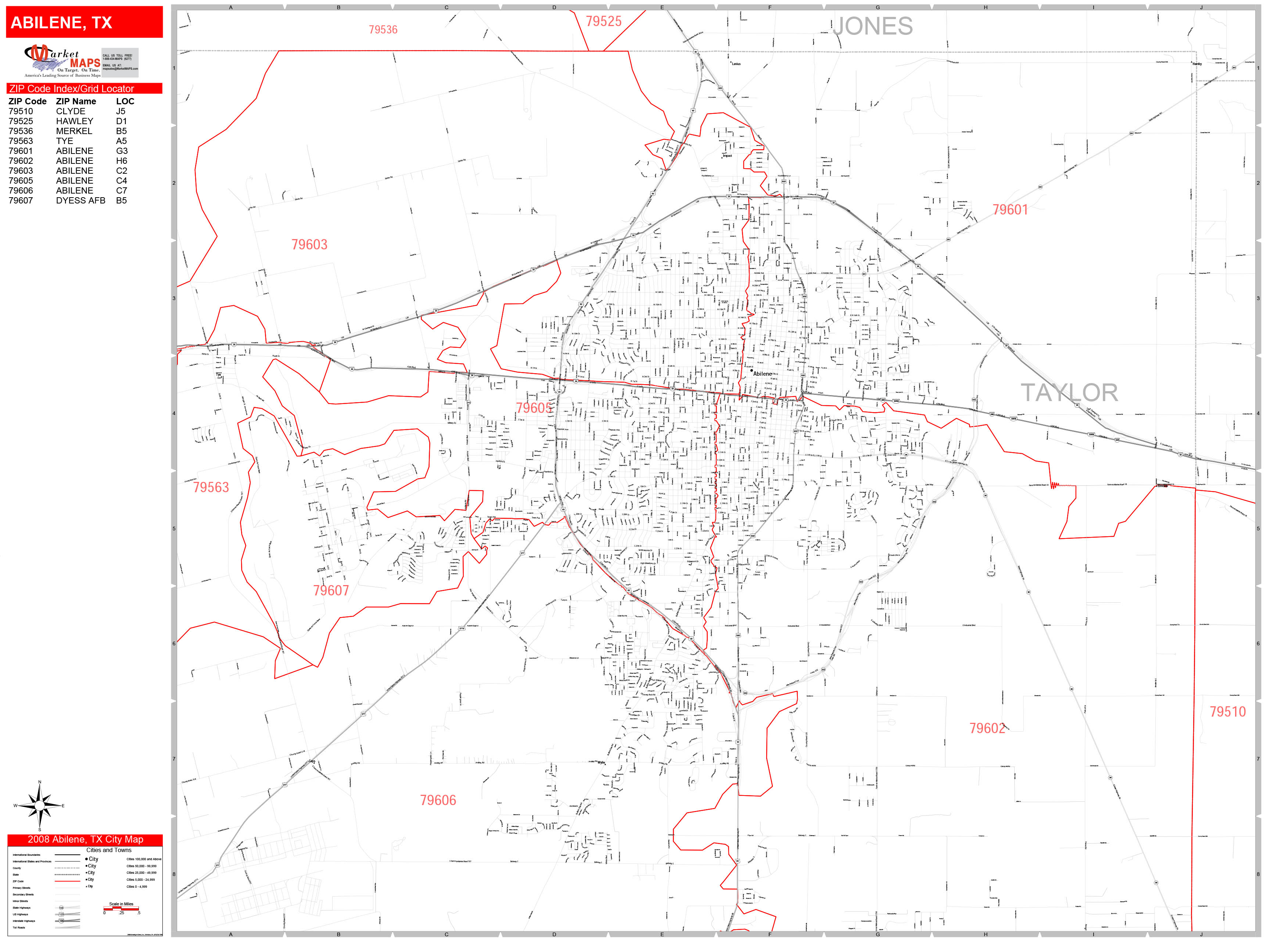 Abilene Texas Zip Code Wall Map Red Line Style By Marketmaps Mapsales