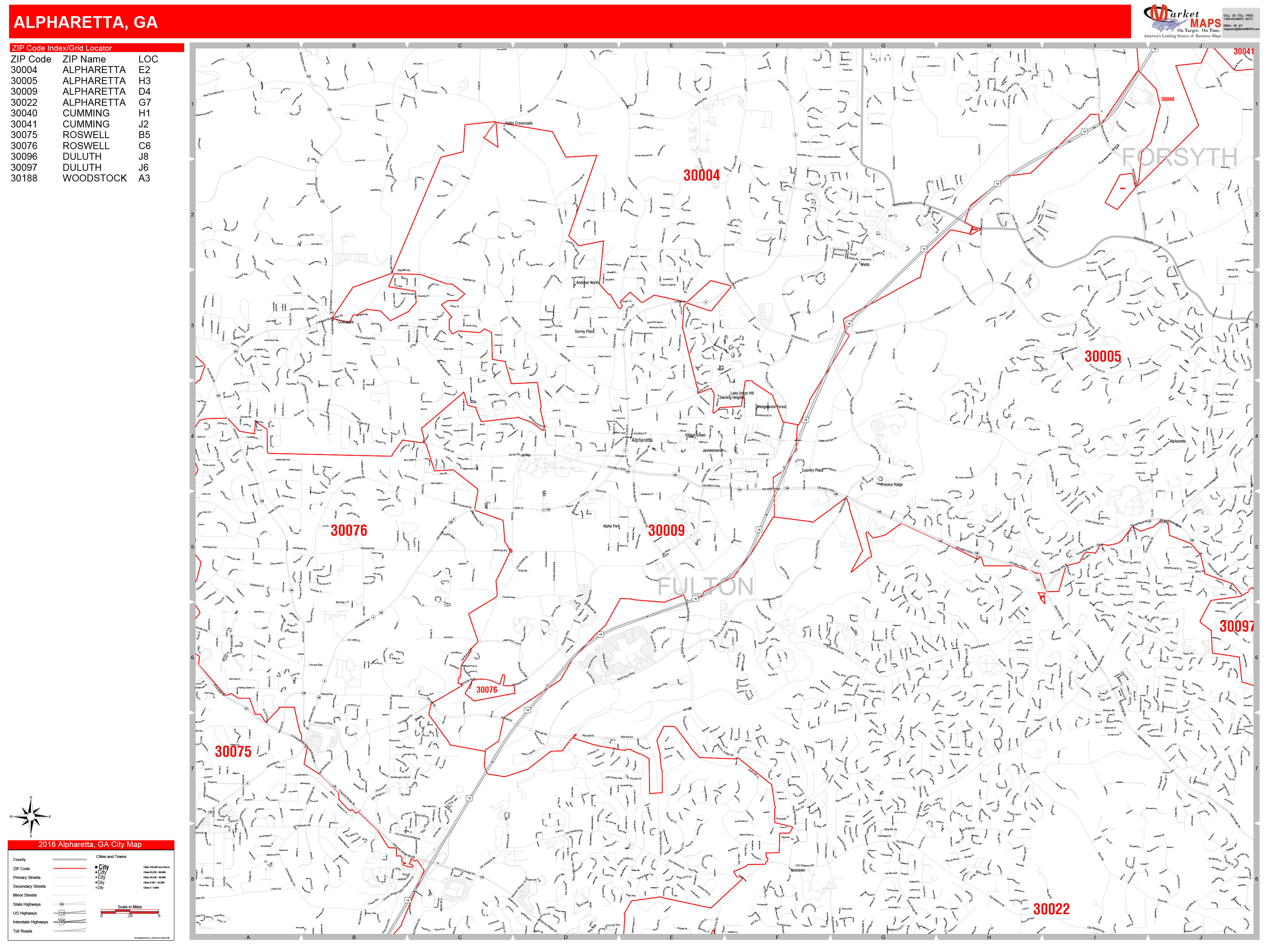 Alpharetta Zip Code Wall Map (Red Line Style) by MarketMAPS