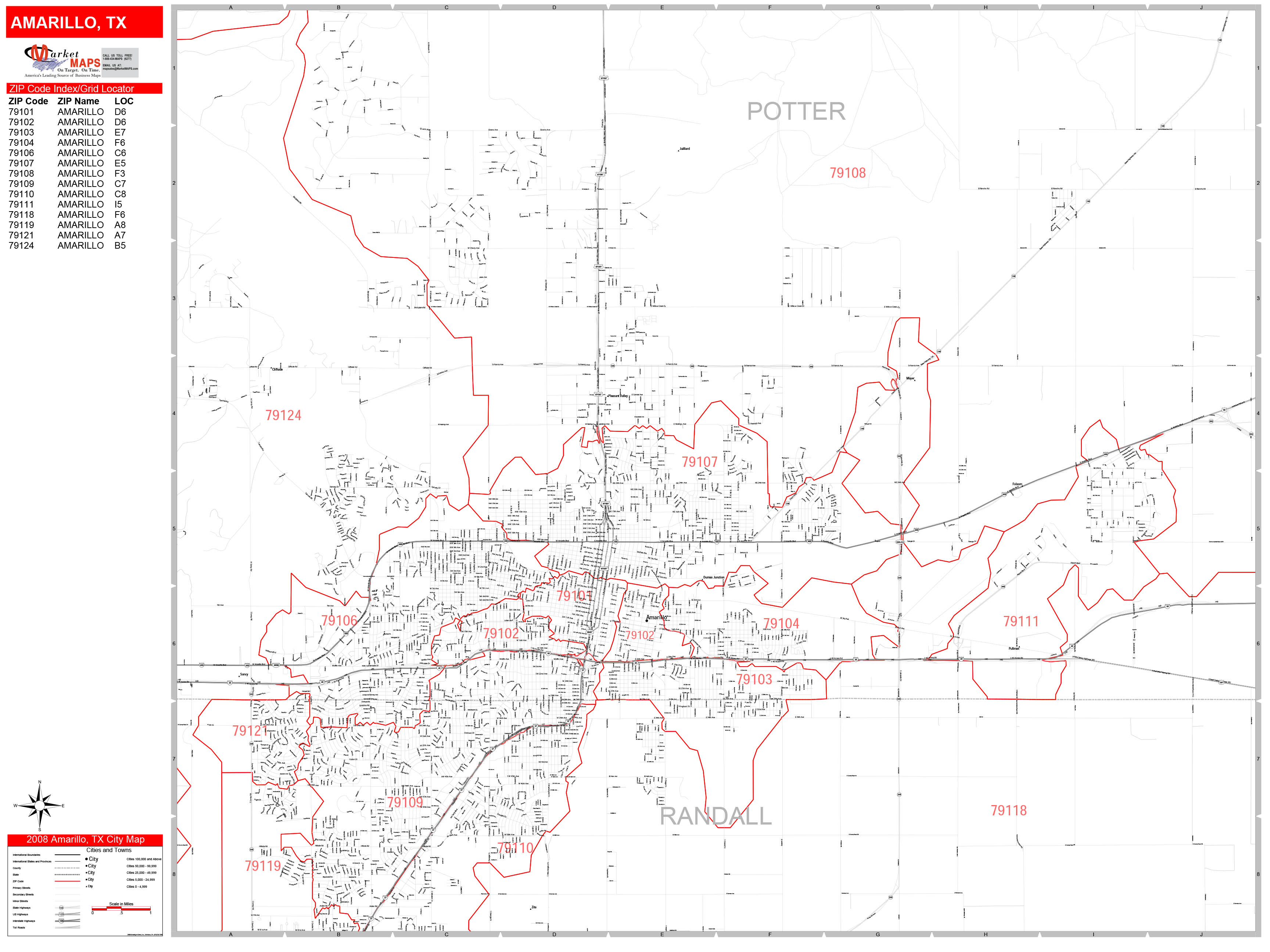 Amarillo Texas Zip Code Wall Map Red Line Style By Marketmaps Mapsales