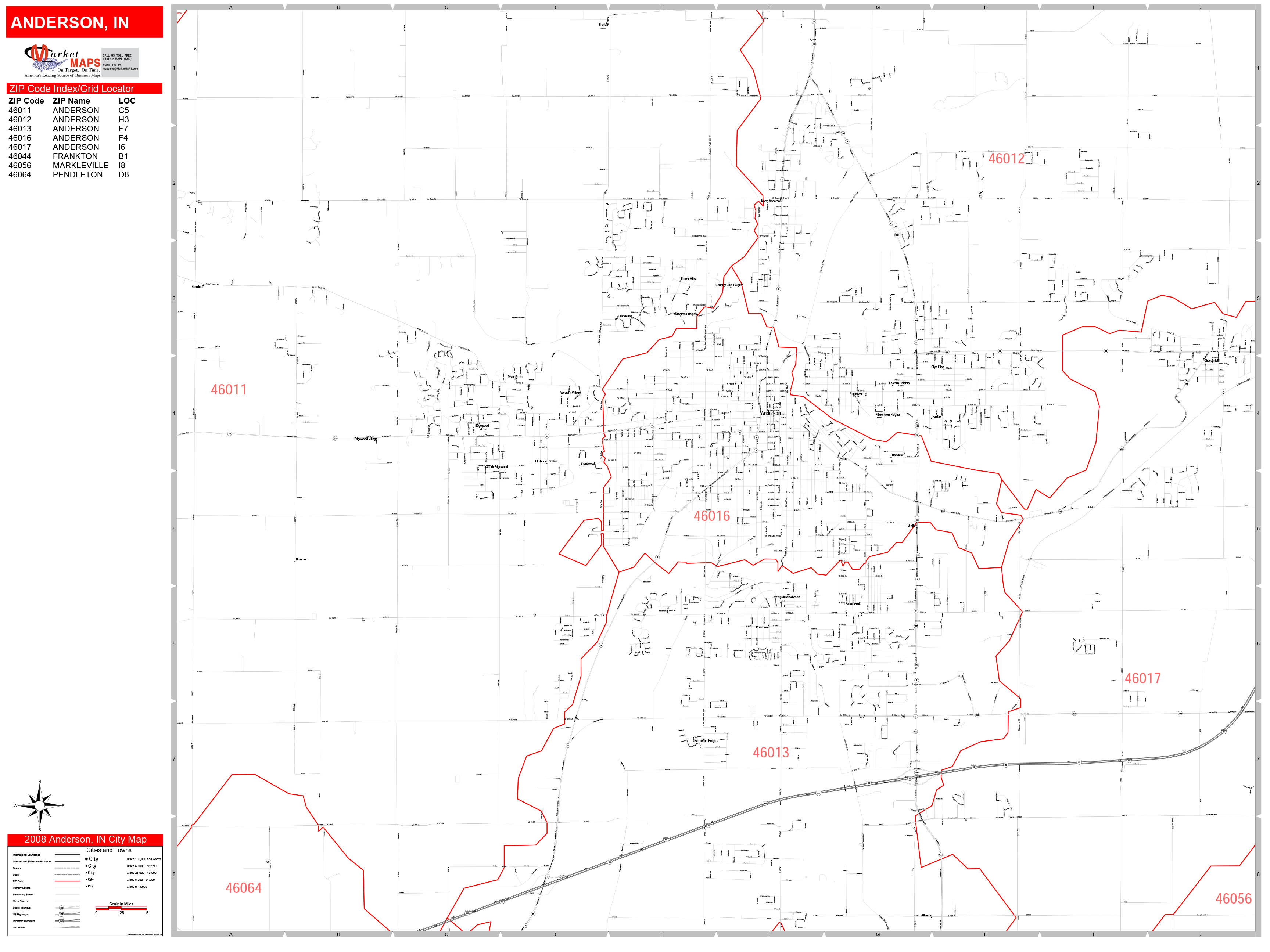 Anderson Indiana Zip Code Wall Map (Red Line Style) by MarketMAPS