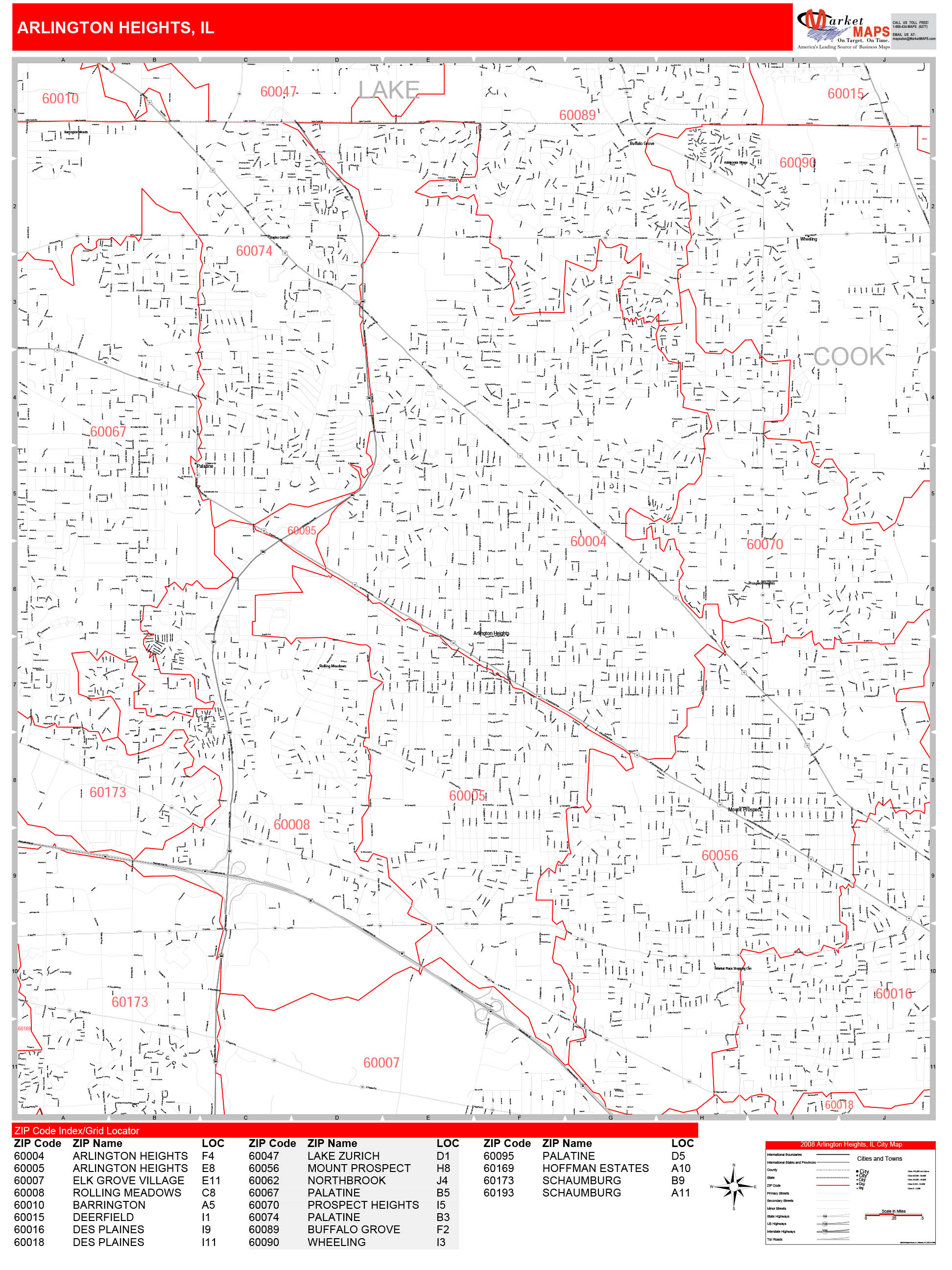 Arlington Heights Illinois Zip Code Wall Map (Red Line Style) by