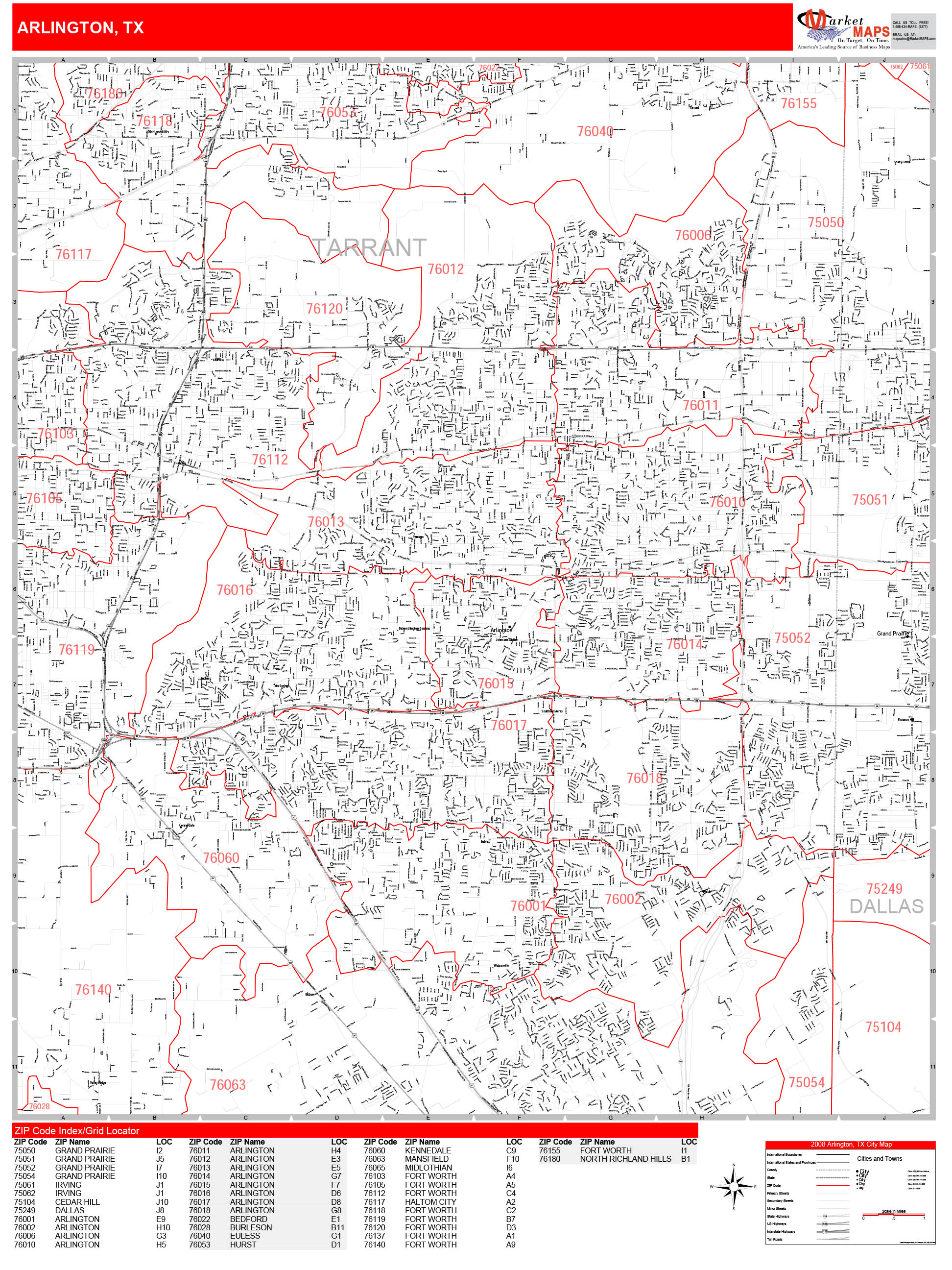 Arlington Texas Zip Code Wall Map Red Line Style By Marketmaps Mapsales