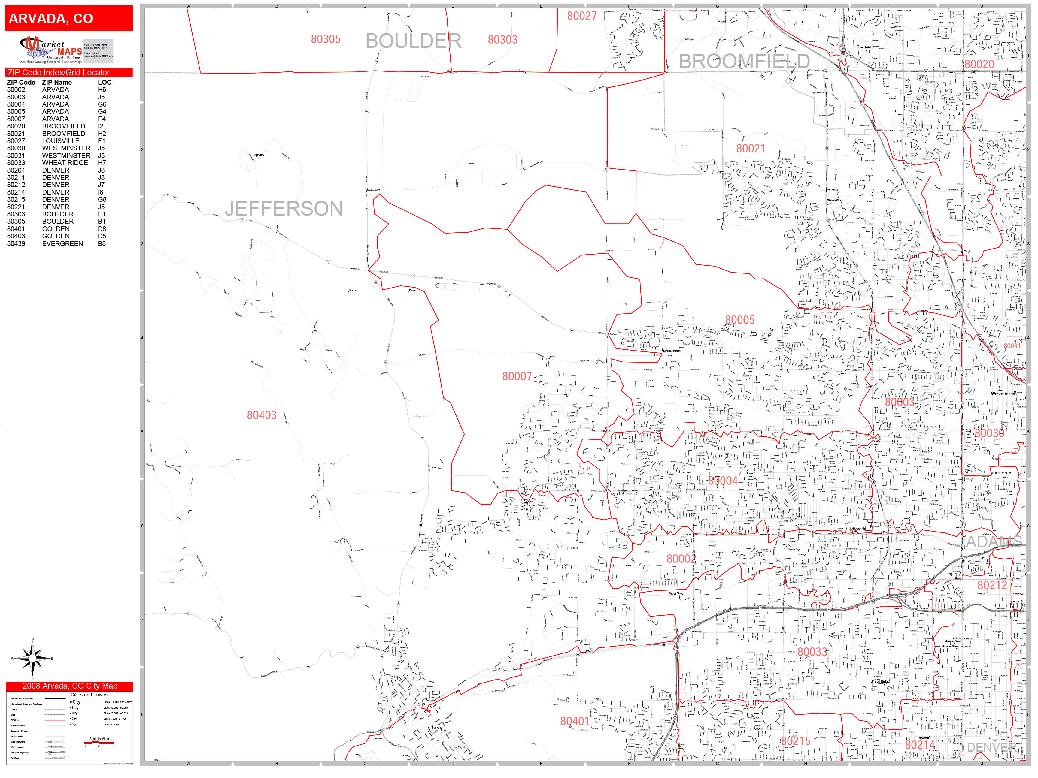 Arvada Colorado Zip Code Wall Map (Red Line Style) by MarketMAPS