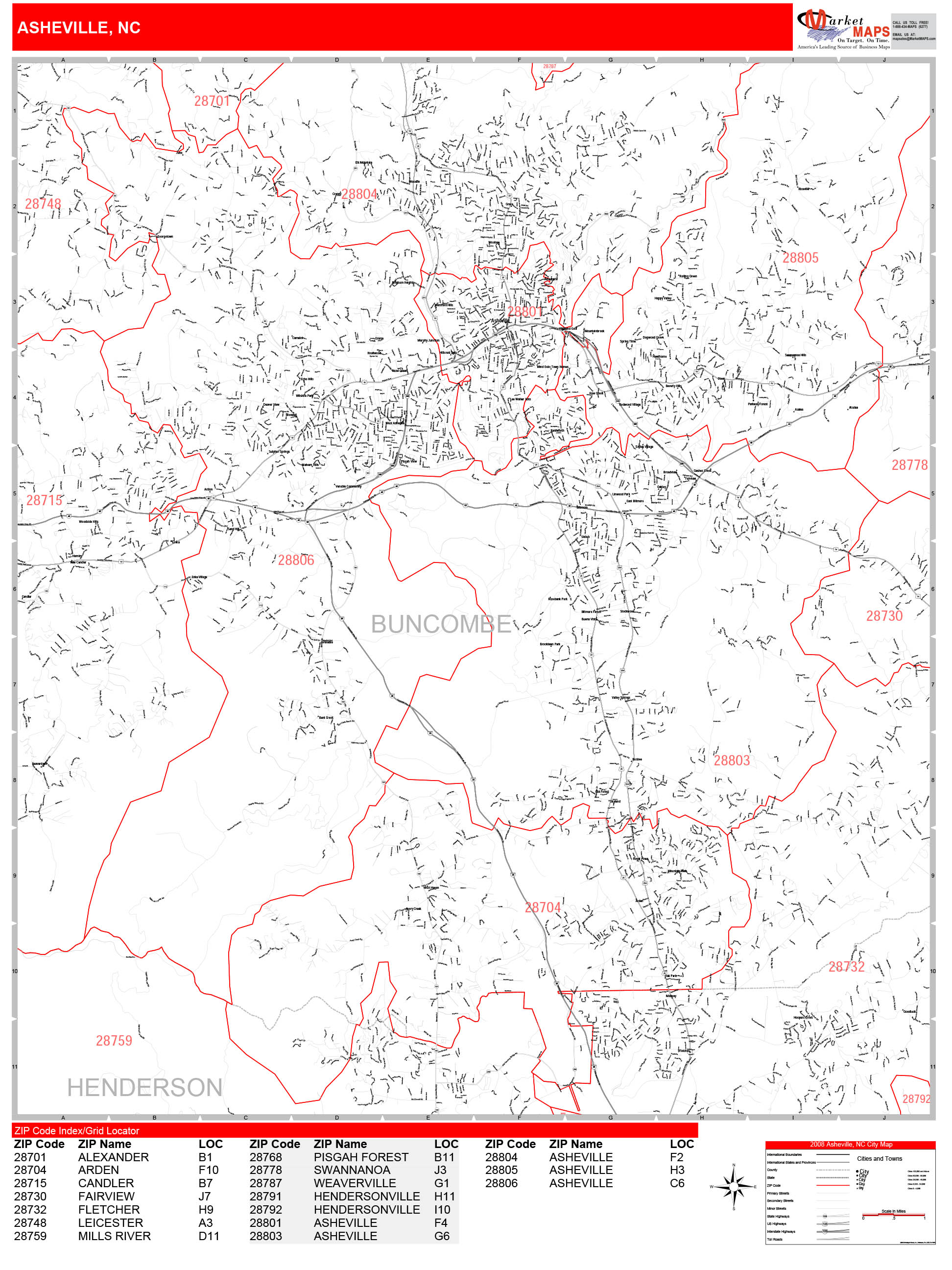 Asheville North Carolina Zip Code Wall Map (Red Line Style) by MarketMAPS