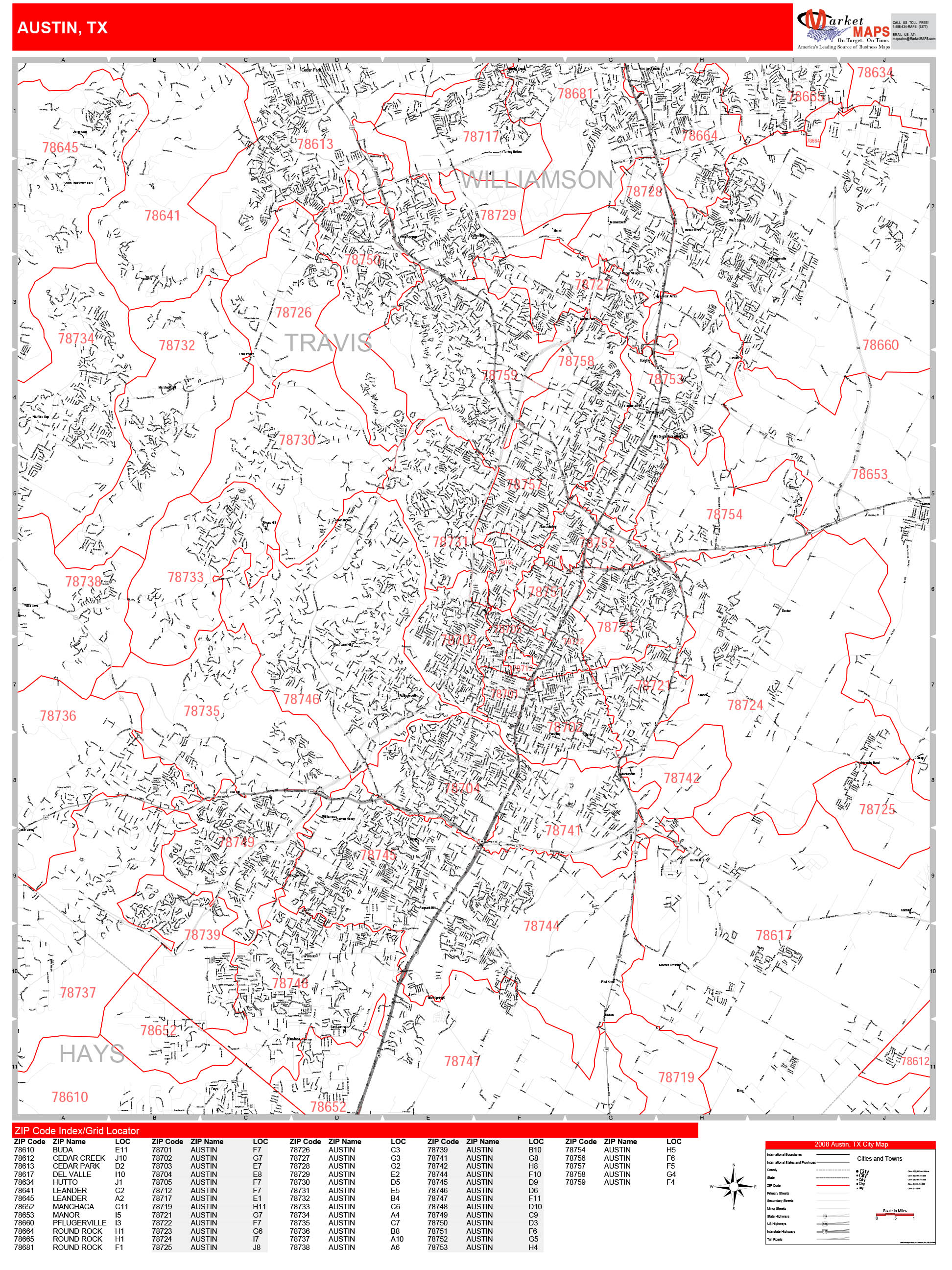 Austin Texas Zip Code Wall Map (Red Line Style) by MarketMAPS - MapSales