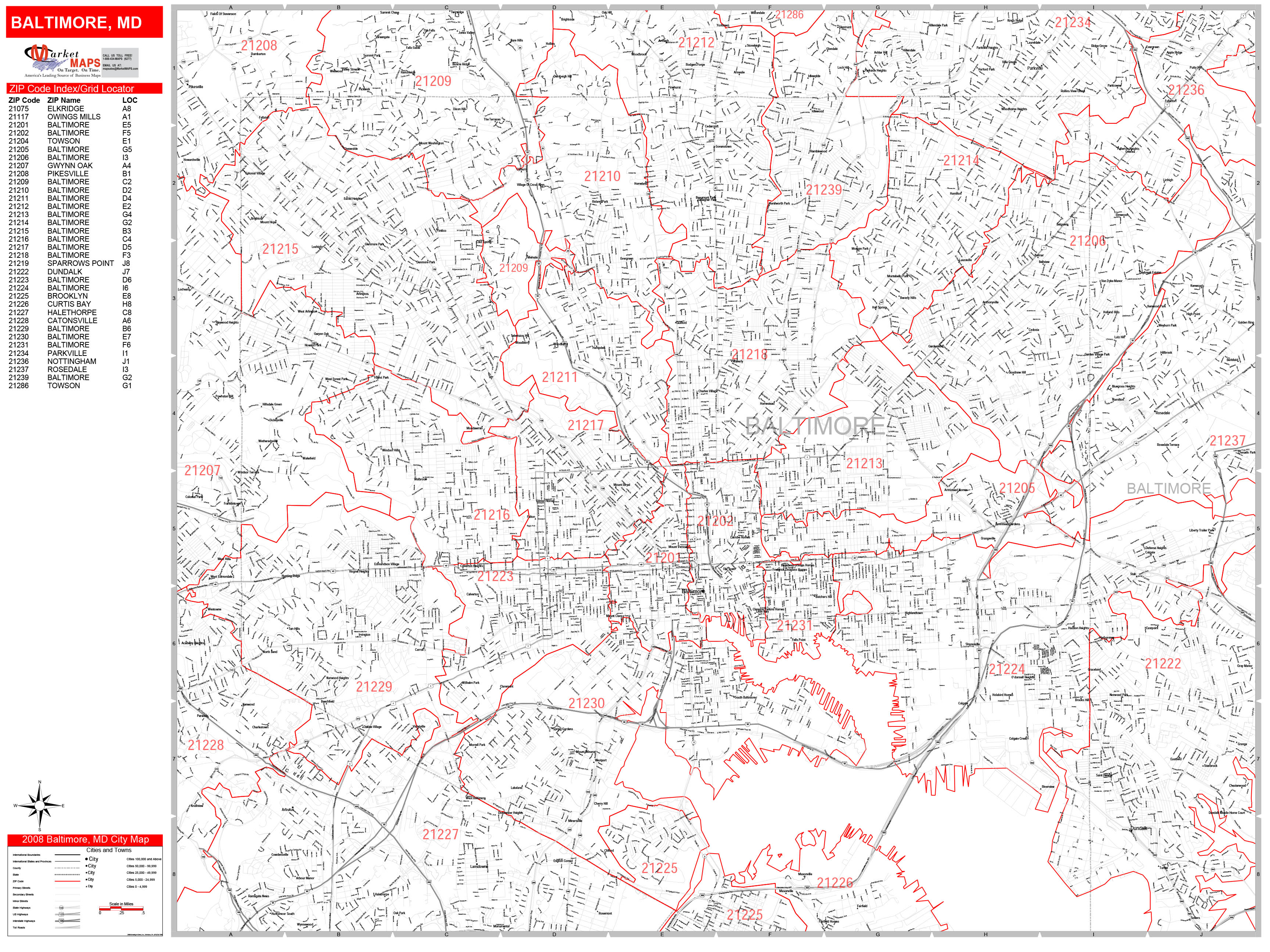 Baltimore Maryland Zip Code Wall Map (Red Line Style) by MarketMAPS