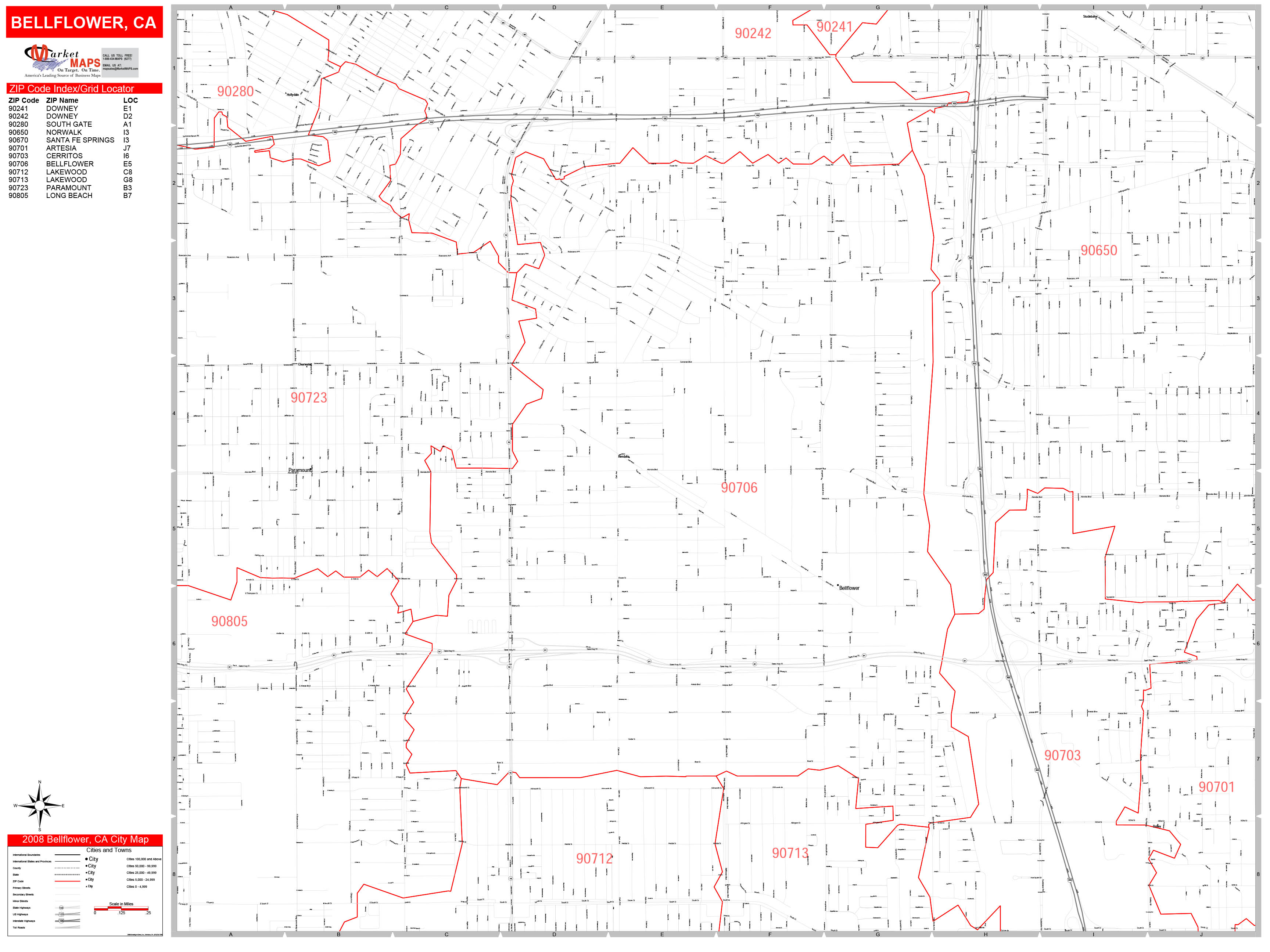 Bellflower California Zip Code Wall Map (Red Line Style) by MarketMAPS