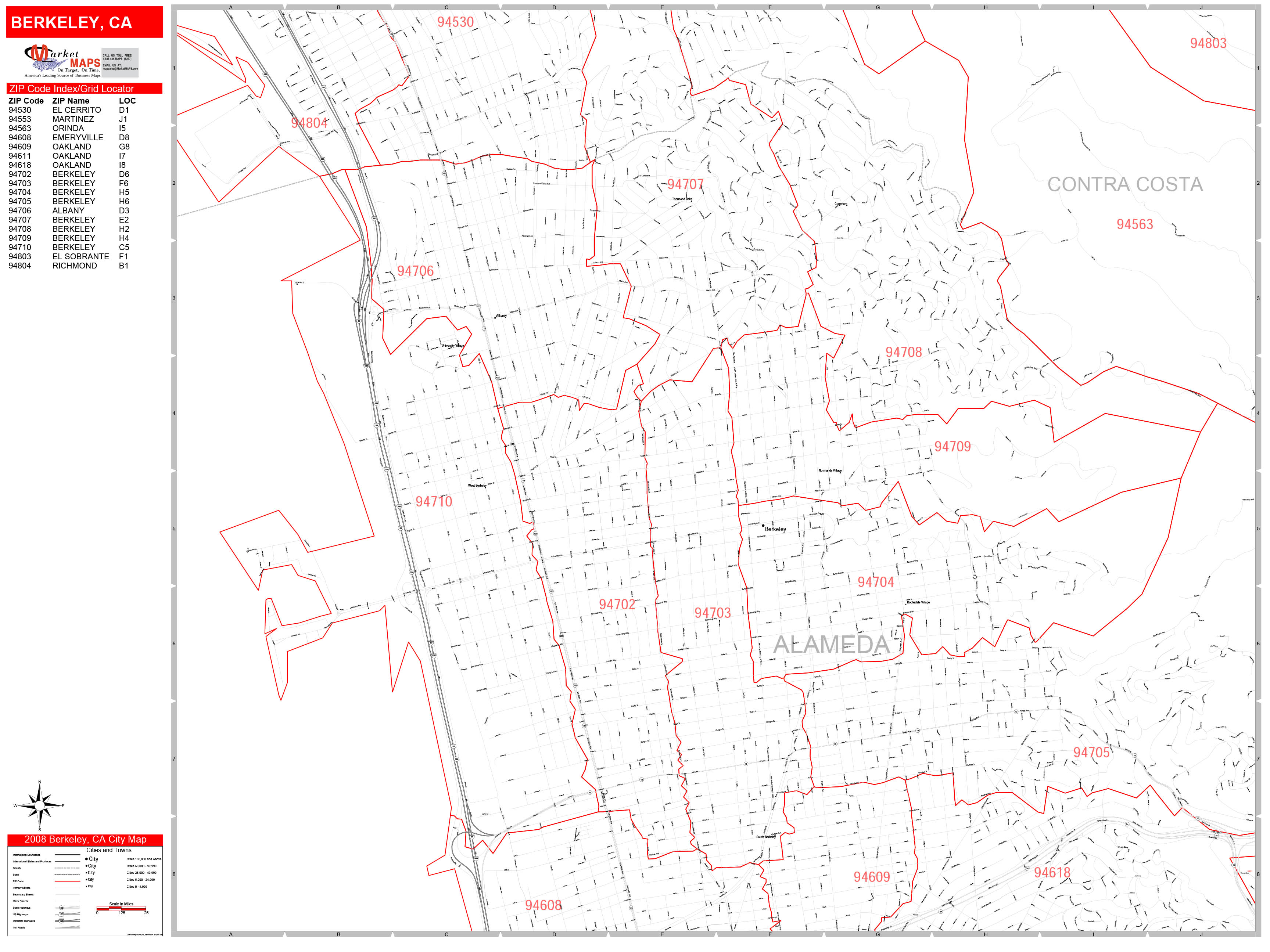 Berkeley California Zip Code Wall Map (Red Line Style) by MarketMAPS