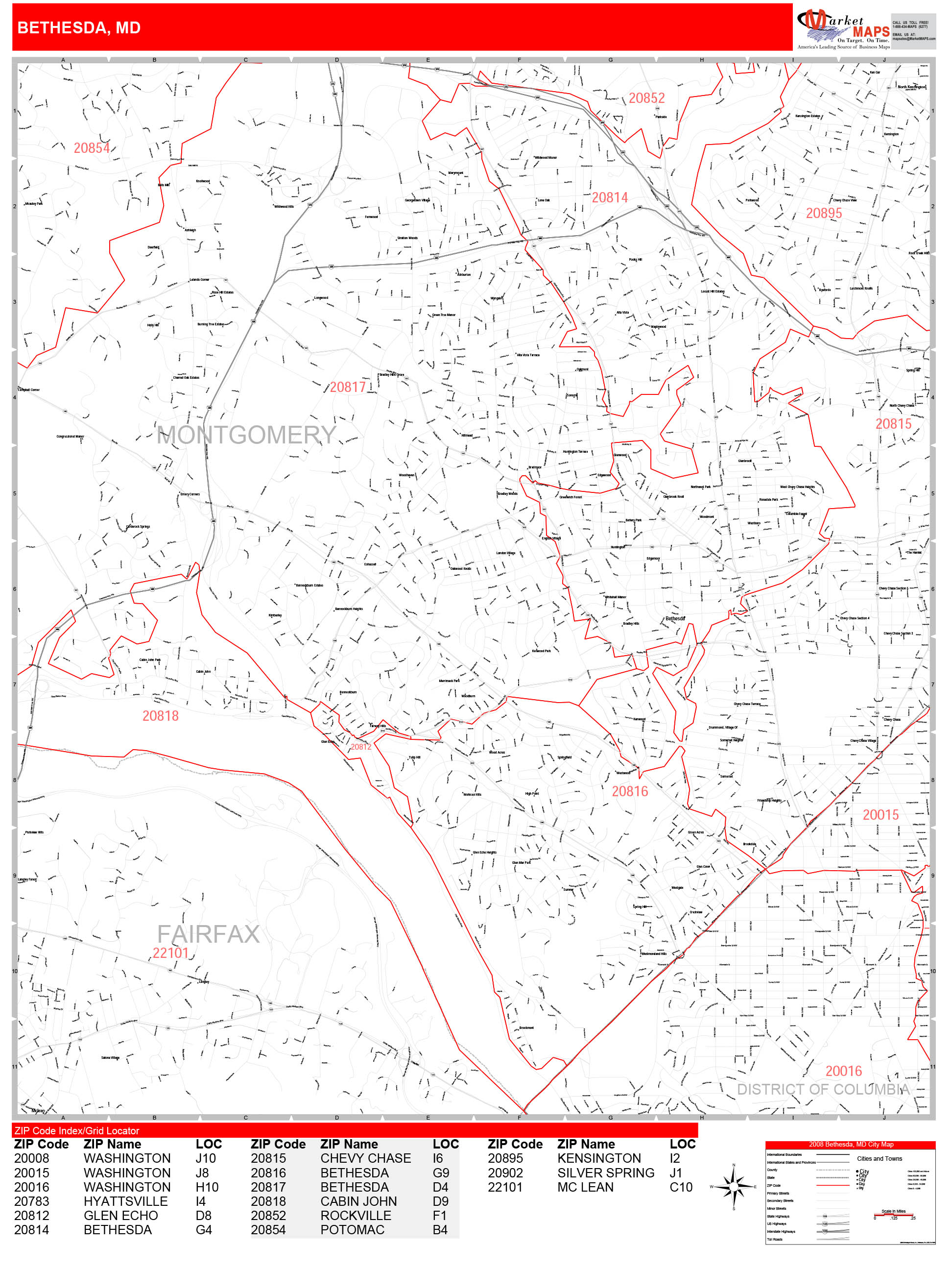 Bethesda Maryland Zip Code Wall Map Red Line Style By Marketmaps