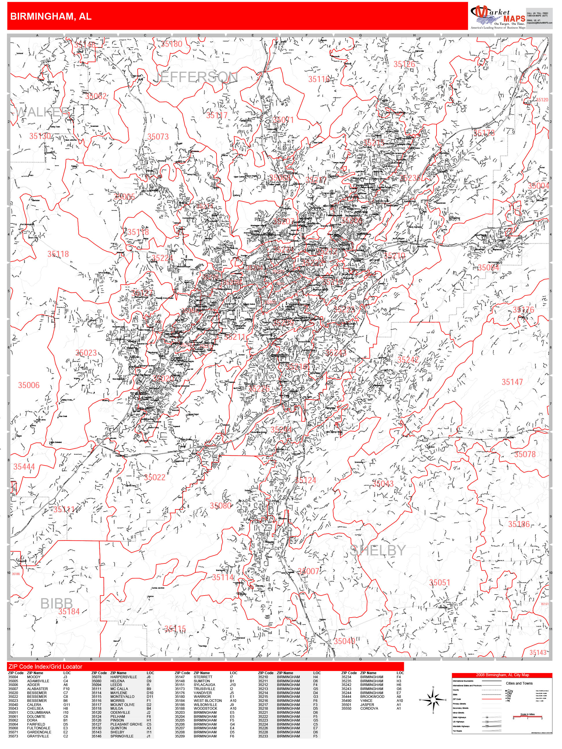 Birmingham Alabama Zip Code Wall Map (Red Line Style) by MarketMAPS ...