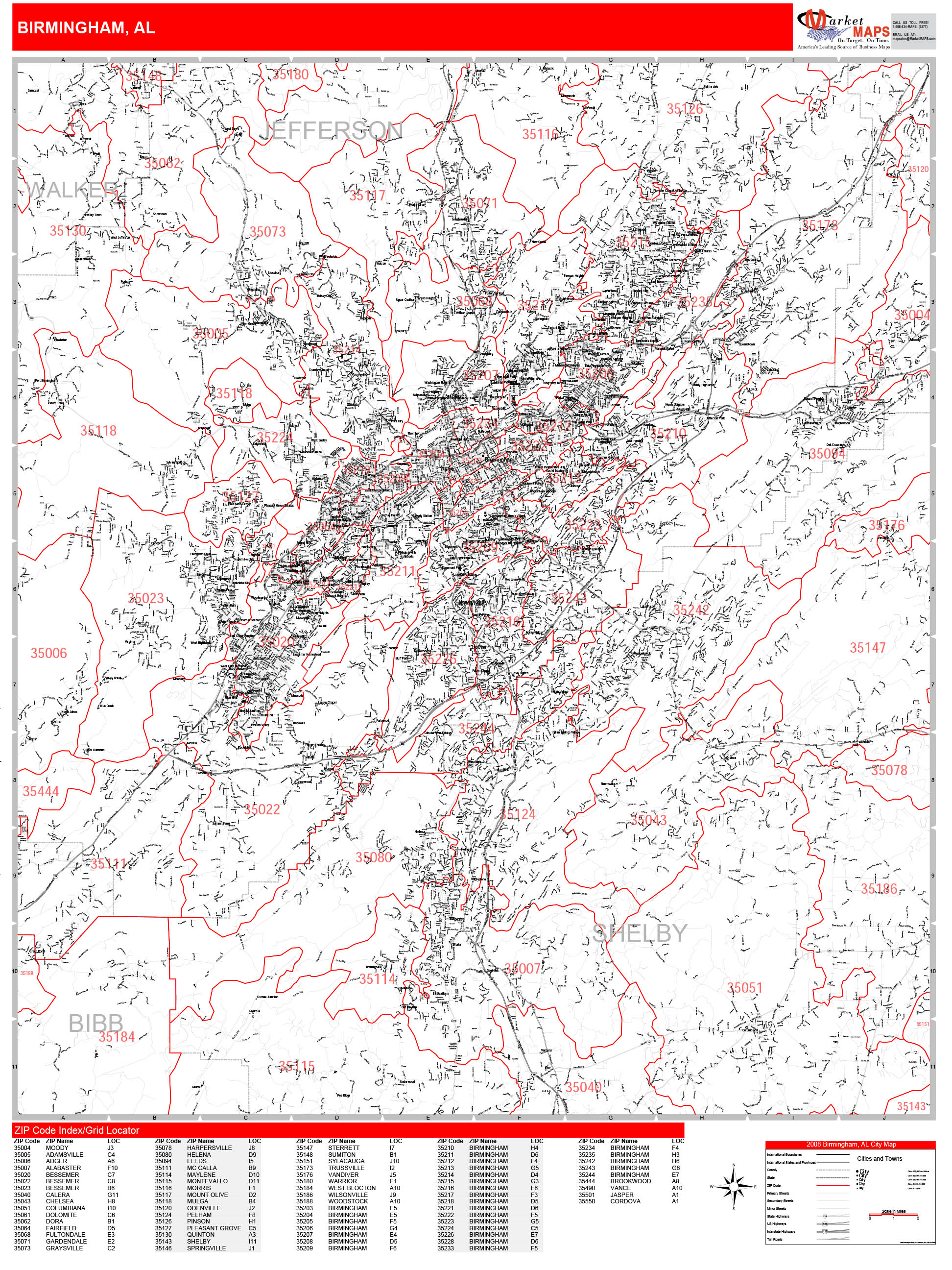 Birmingham Alabama Zip Code Wall Map Red Line Style By Marketmaps