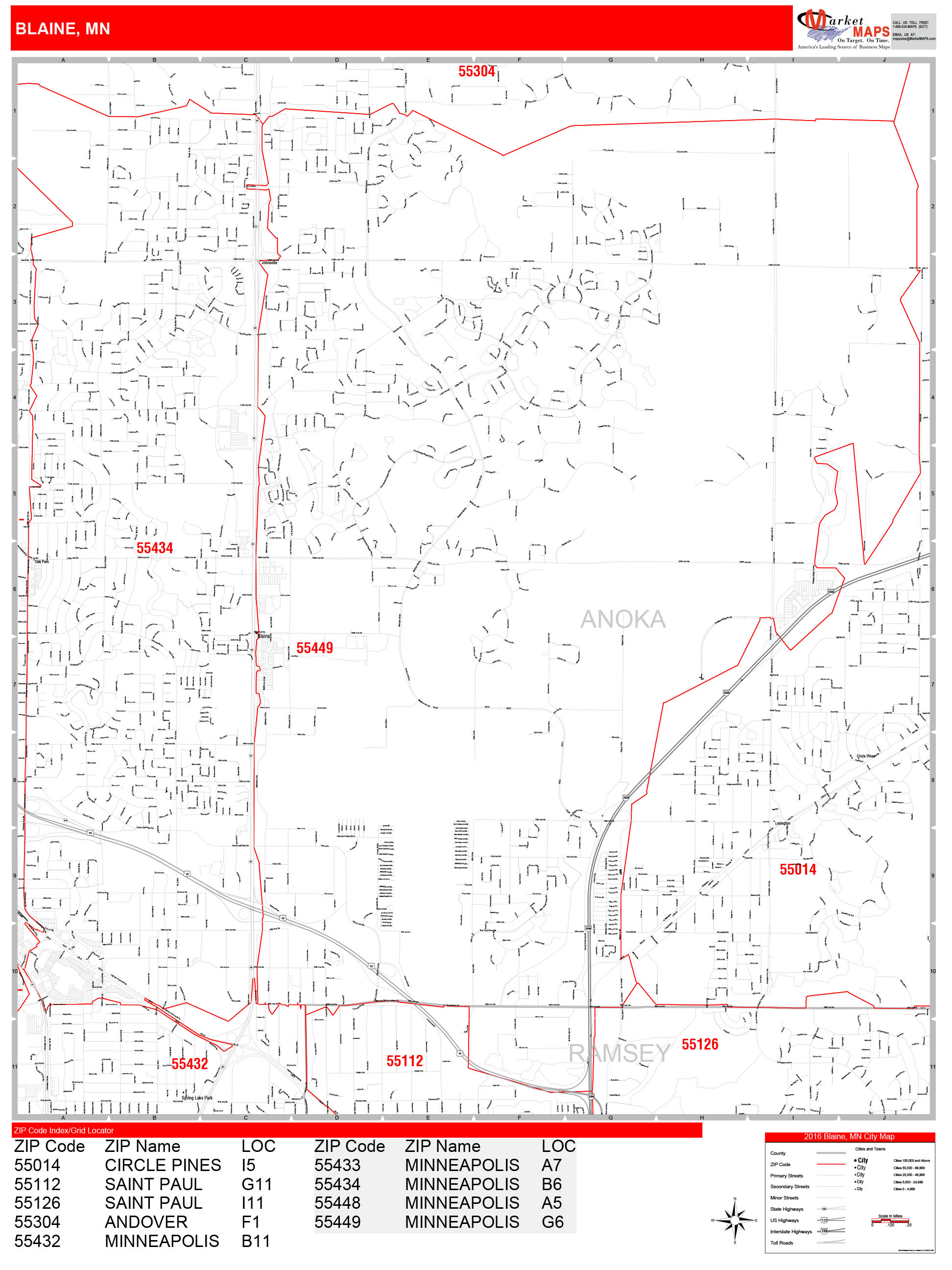 Blaine Minnesota Zip Code Wall Map (Red Line Style) by MarketMAPS