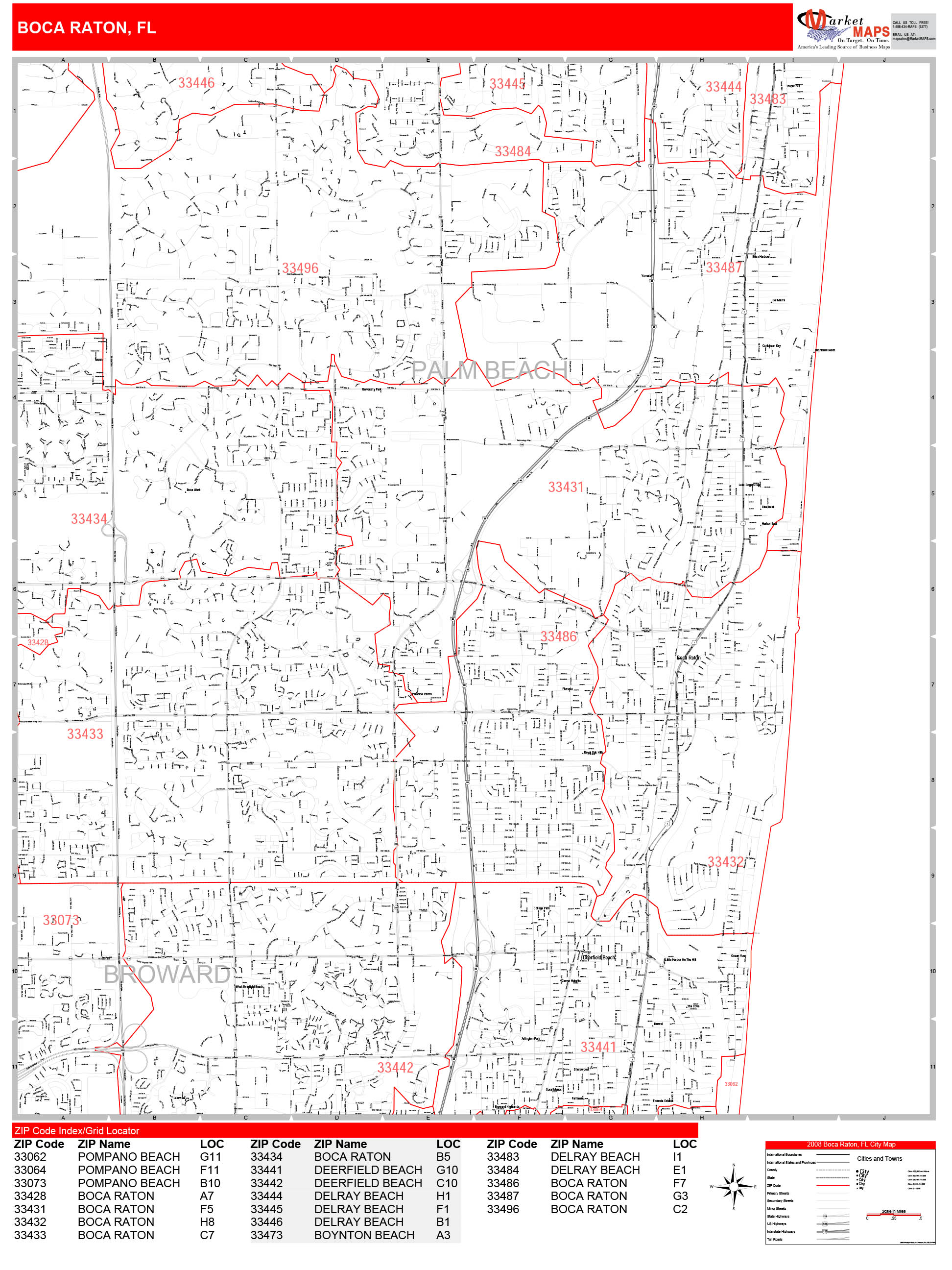 Boca Raton Florida Zip Code Wall Map (Red Line Style) by MarketMAPS