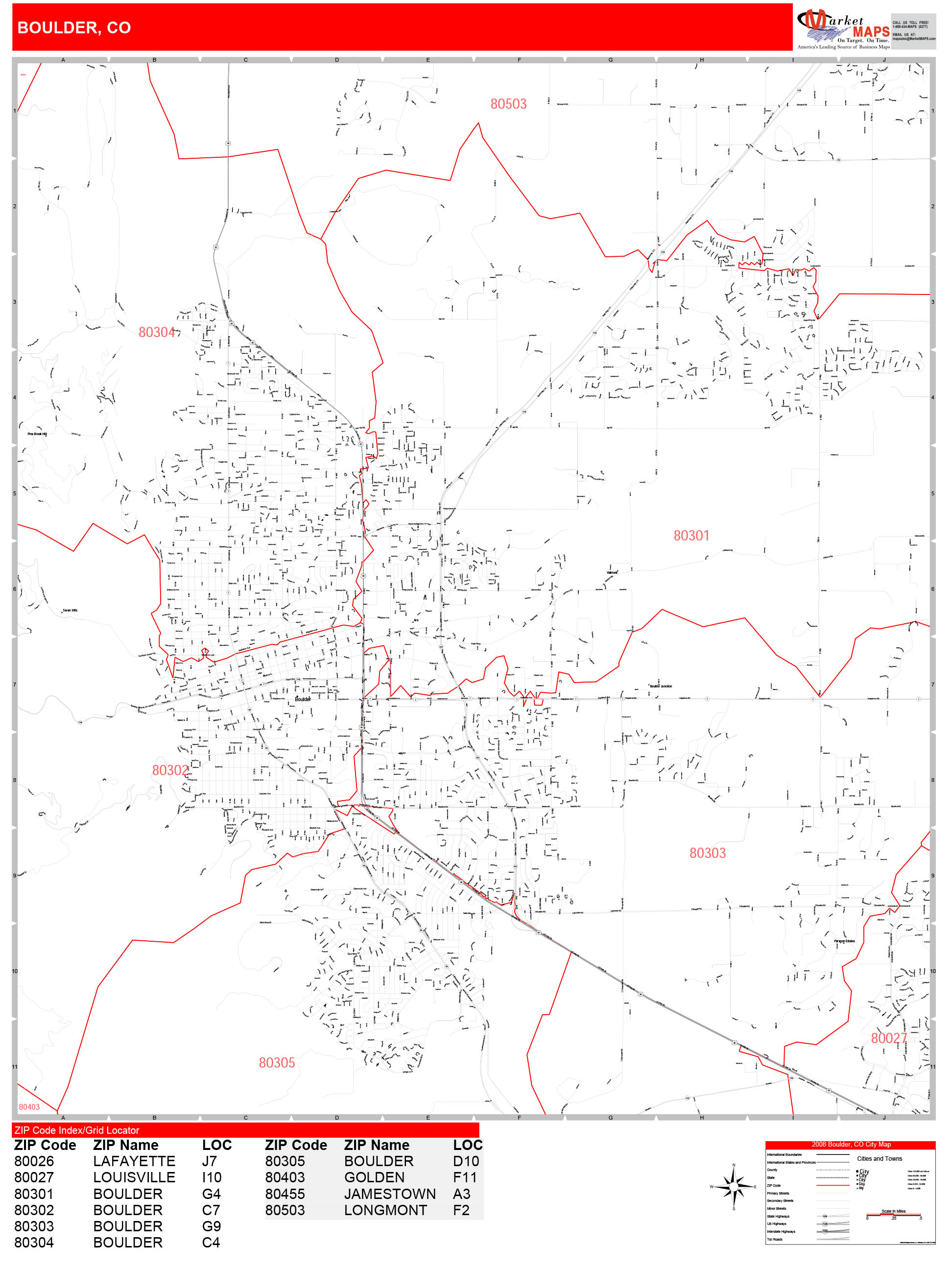 Boulder Colorado Zip Code Wall Map (Red Line Style) by MarketMAPS