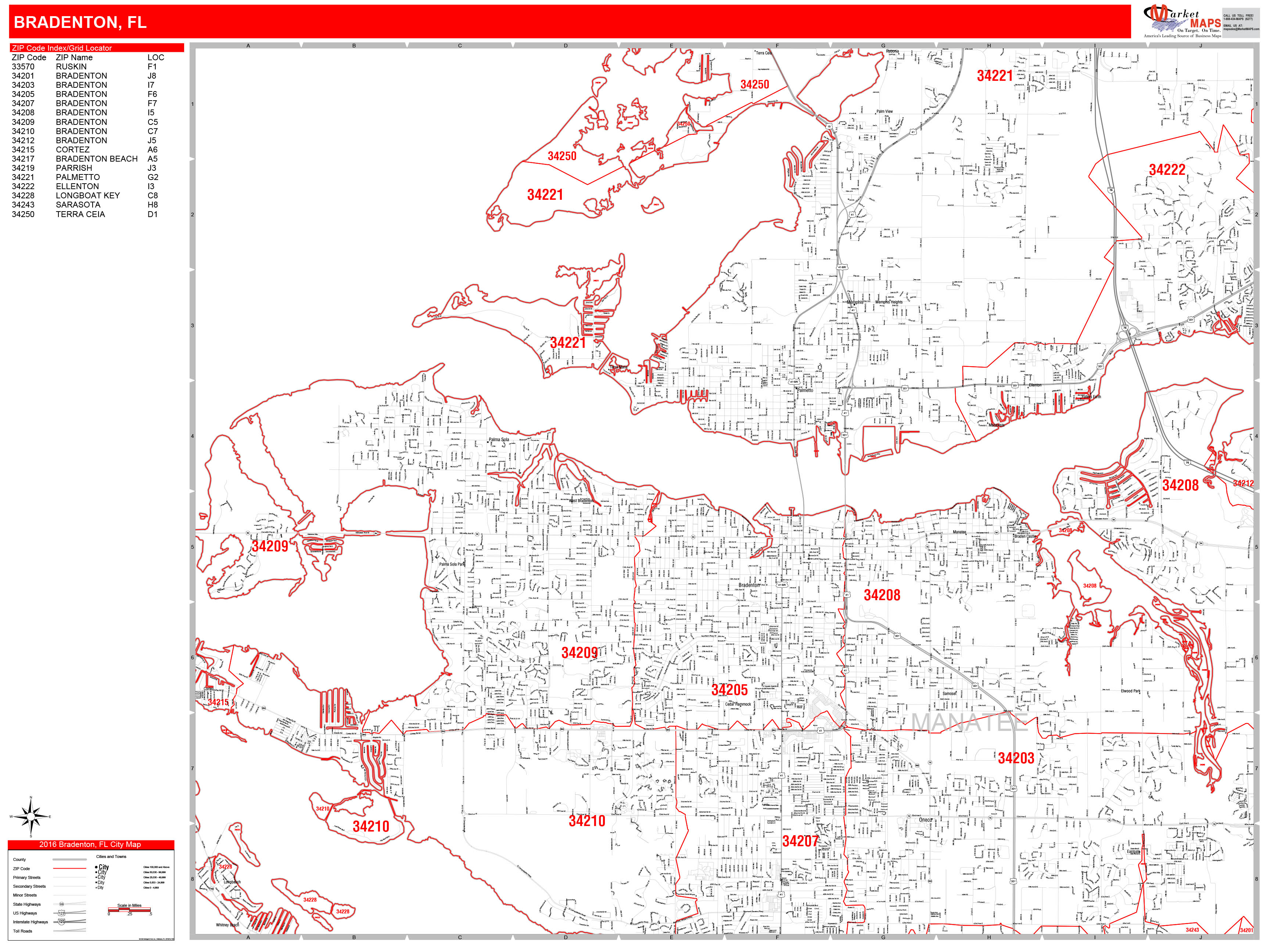 Bradenton Florida Zip Code Wall Map (Red Line Style) by MarketMAPS