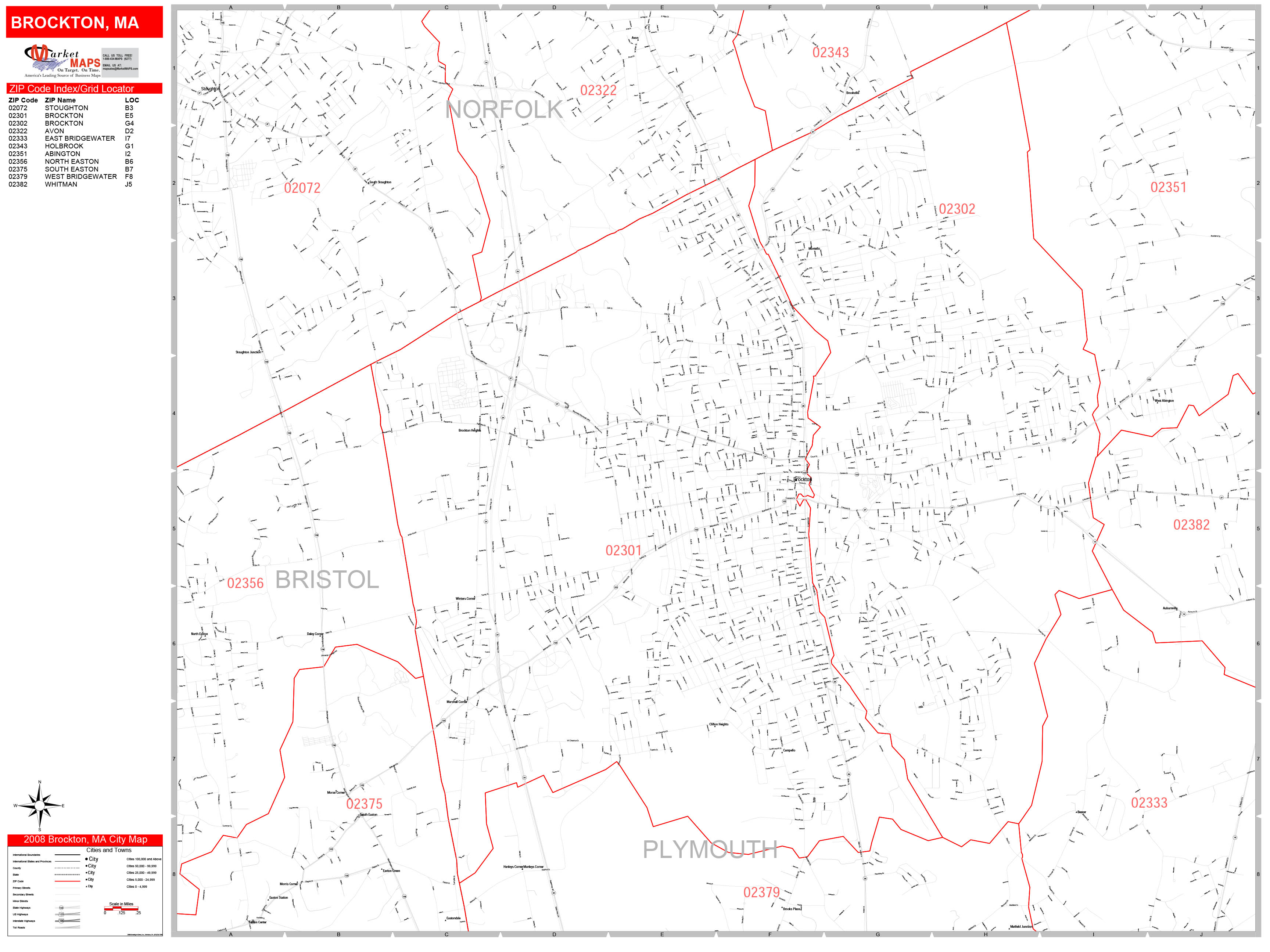 Brockton Massachusetts Zip Code Wall Map (Red Line Style) by MarketMAPS