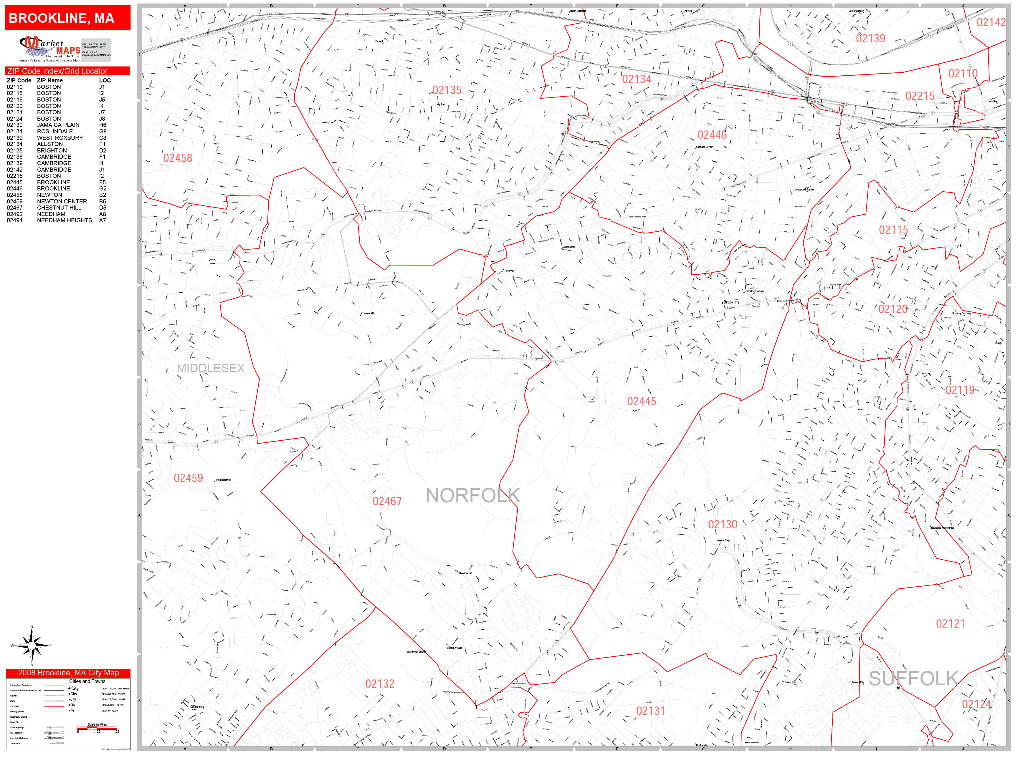 Brookline Massachusetts Zip Code Wall Map (Red Line Style) by