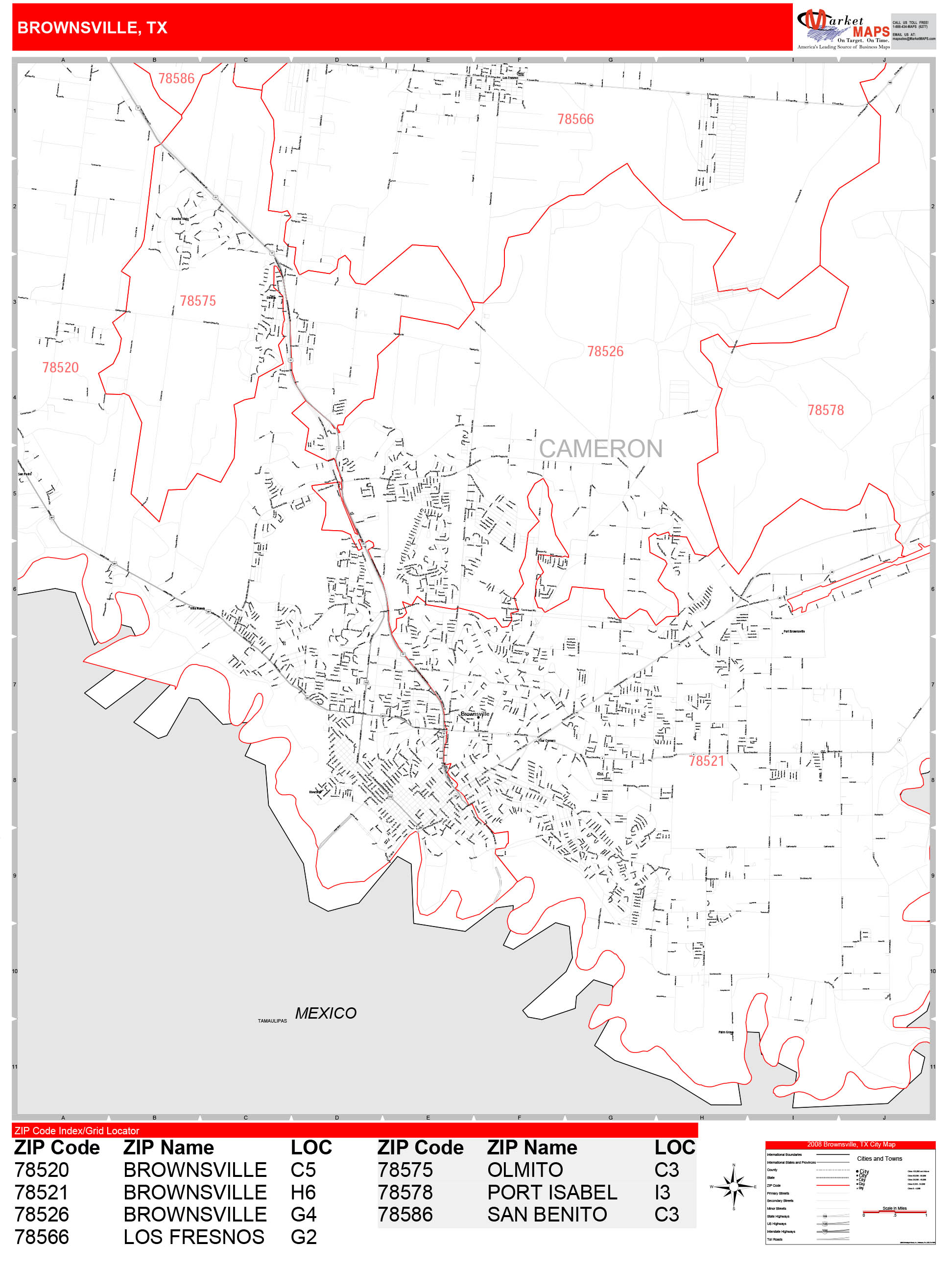 Brownsville Texas Zip Code Wall Map (Red Line Style) by MarketMAPS