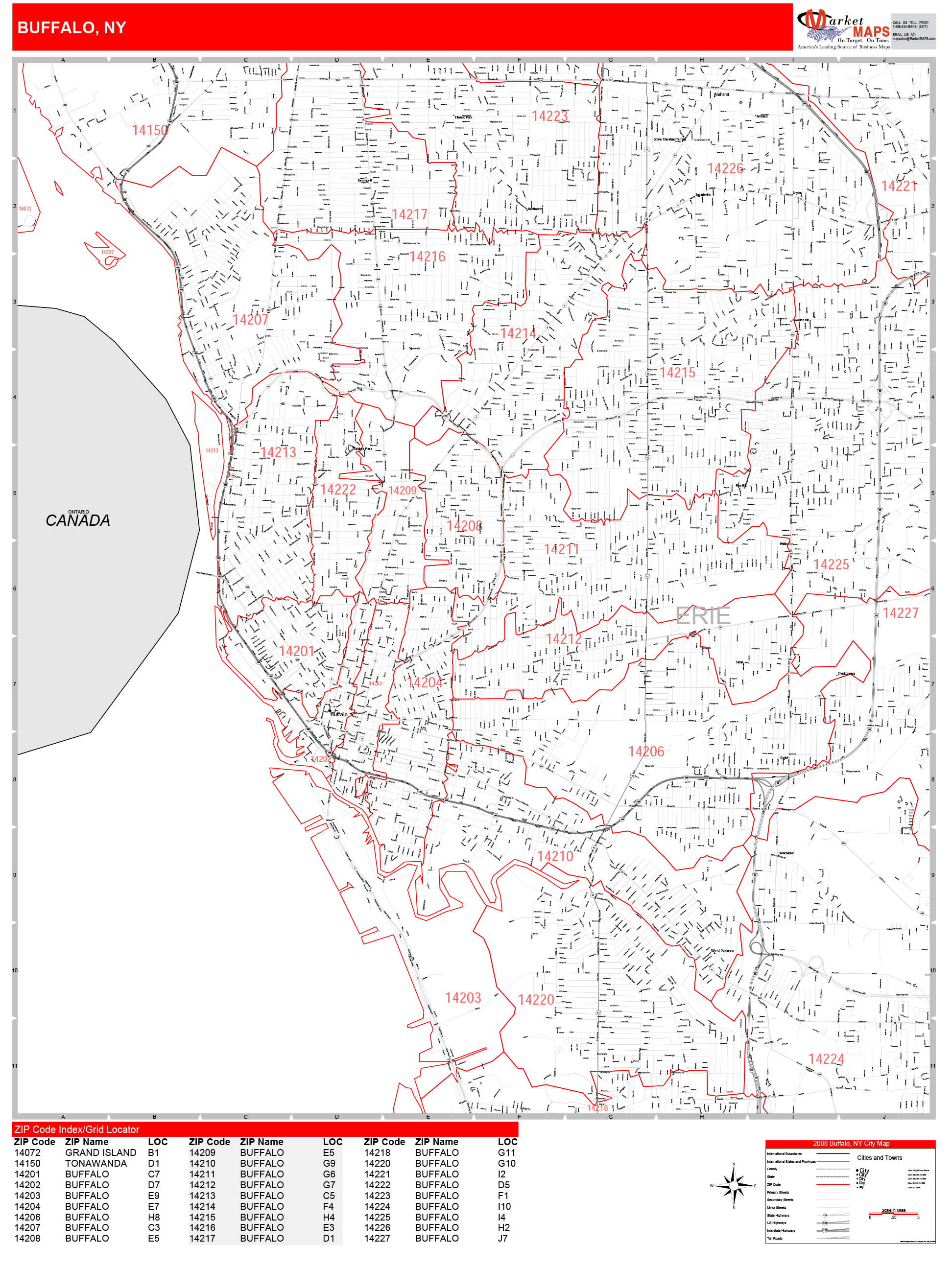 Buffalo New York Zip Code Wall Map Red Line Style By Marketmaps