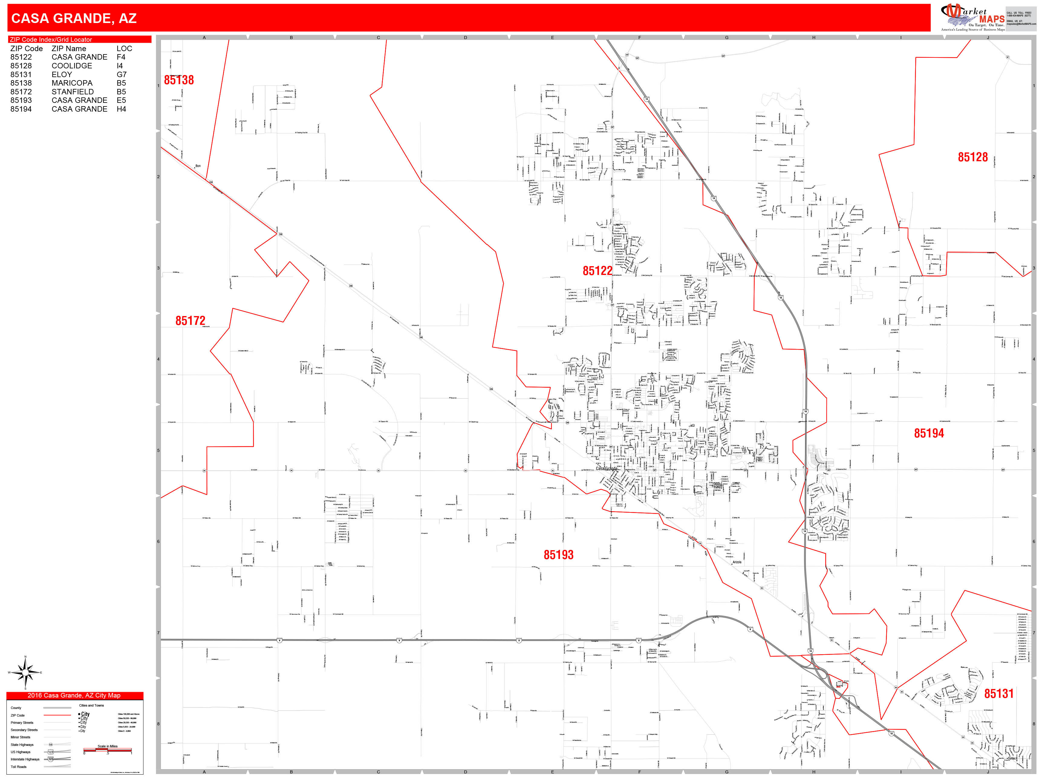 Casa Grande Arizona Zip Code Wall Map (Red Line Style) by MarketMAPS