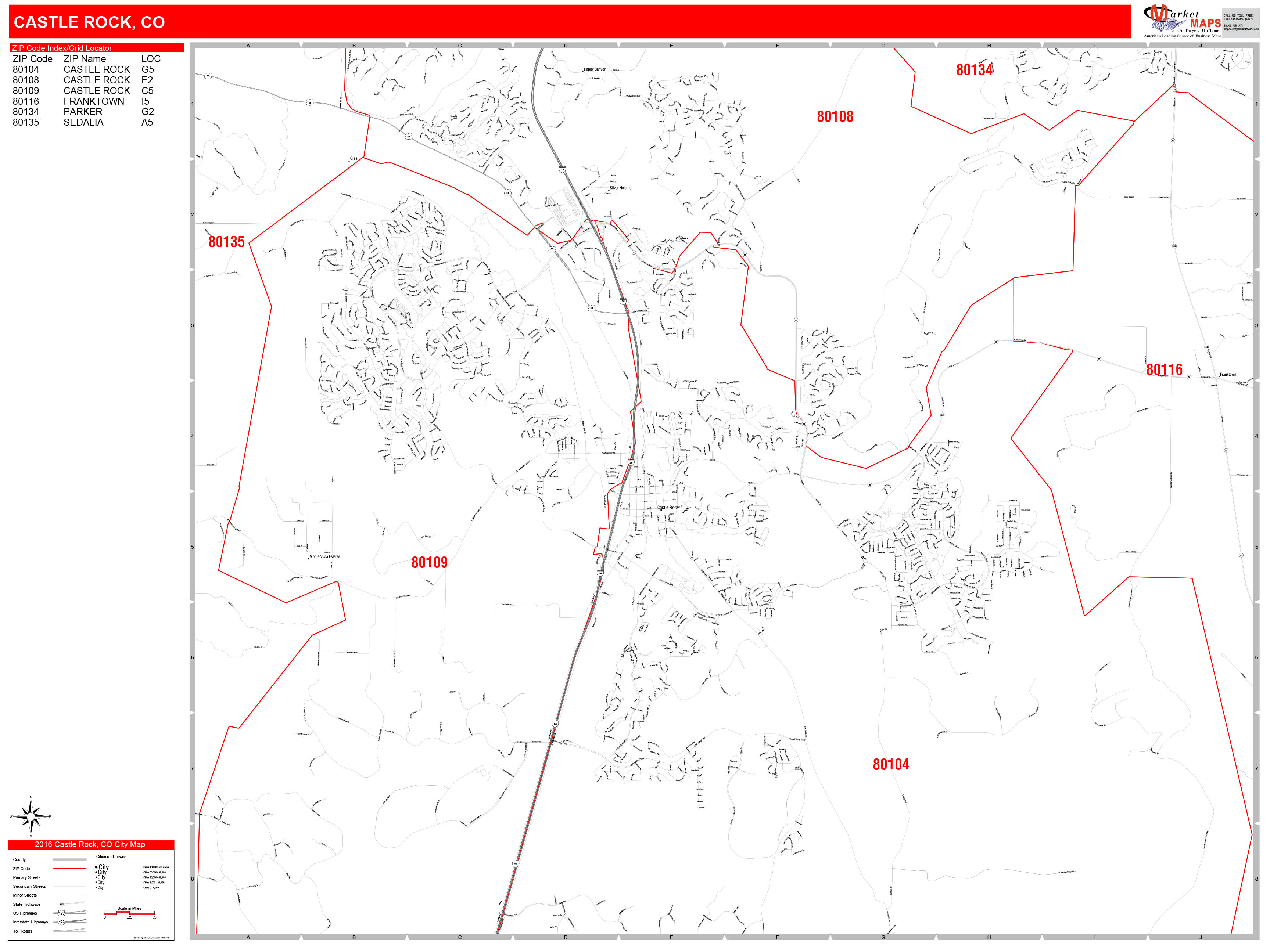 Castle Rock Colorado Zip Code Wall Map (Red Line Style) by MarketMAPS