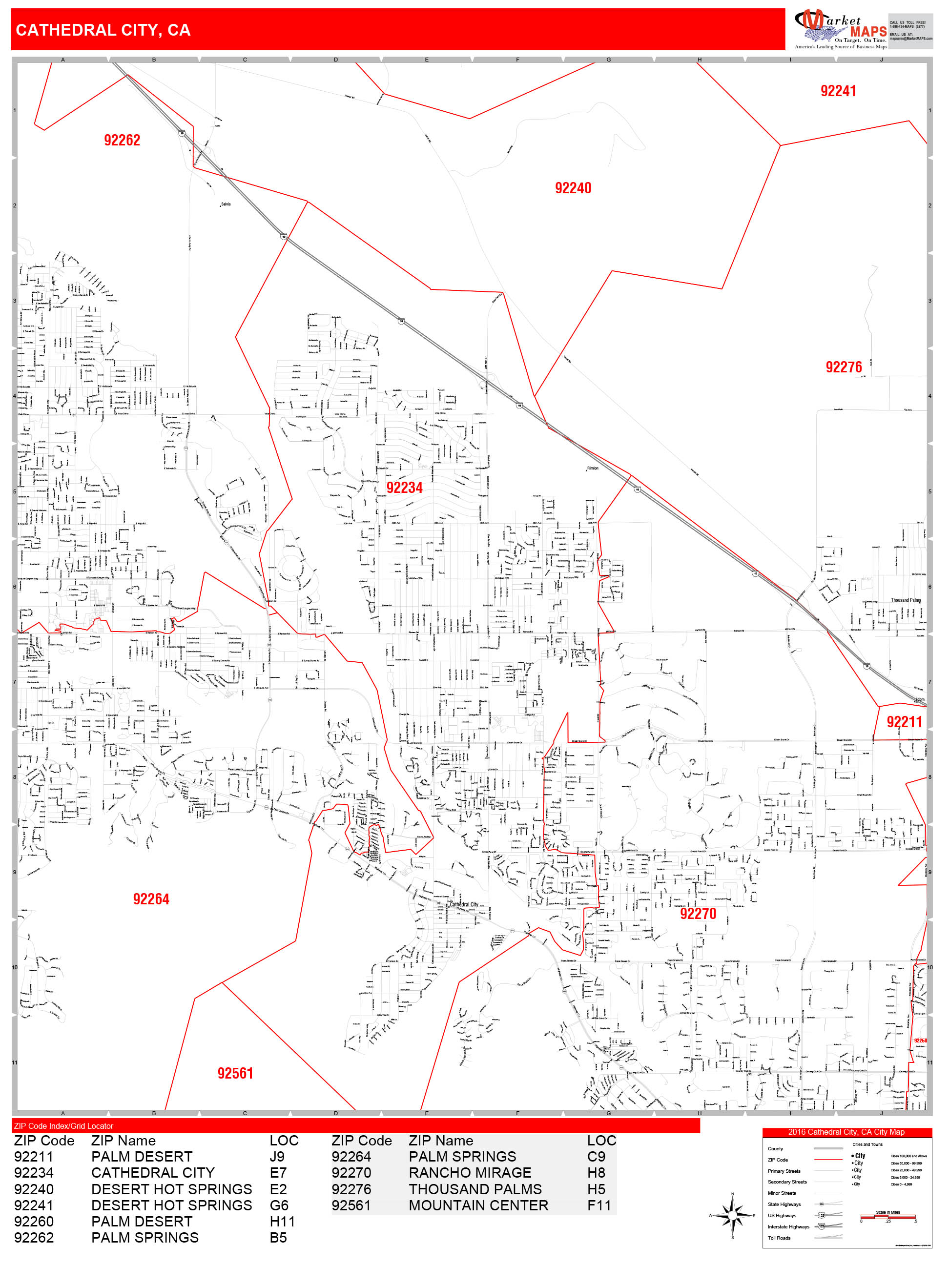 Cathedral City California Zip Code Wall Map (Red Line Style) by