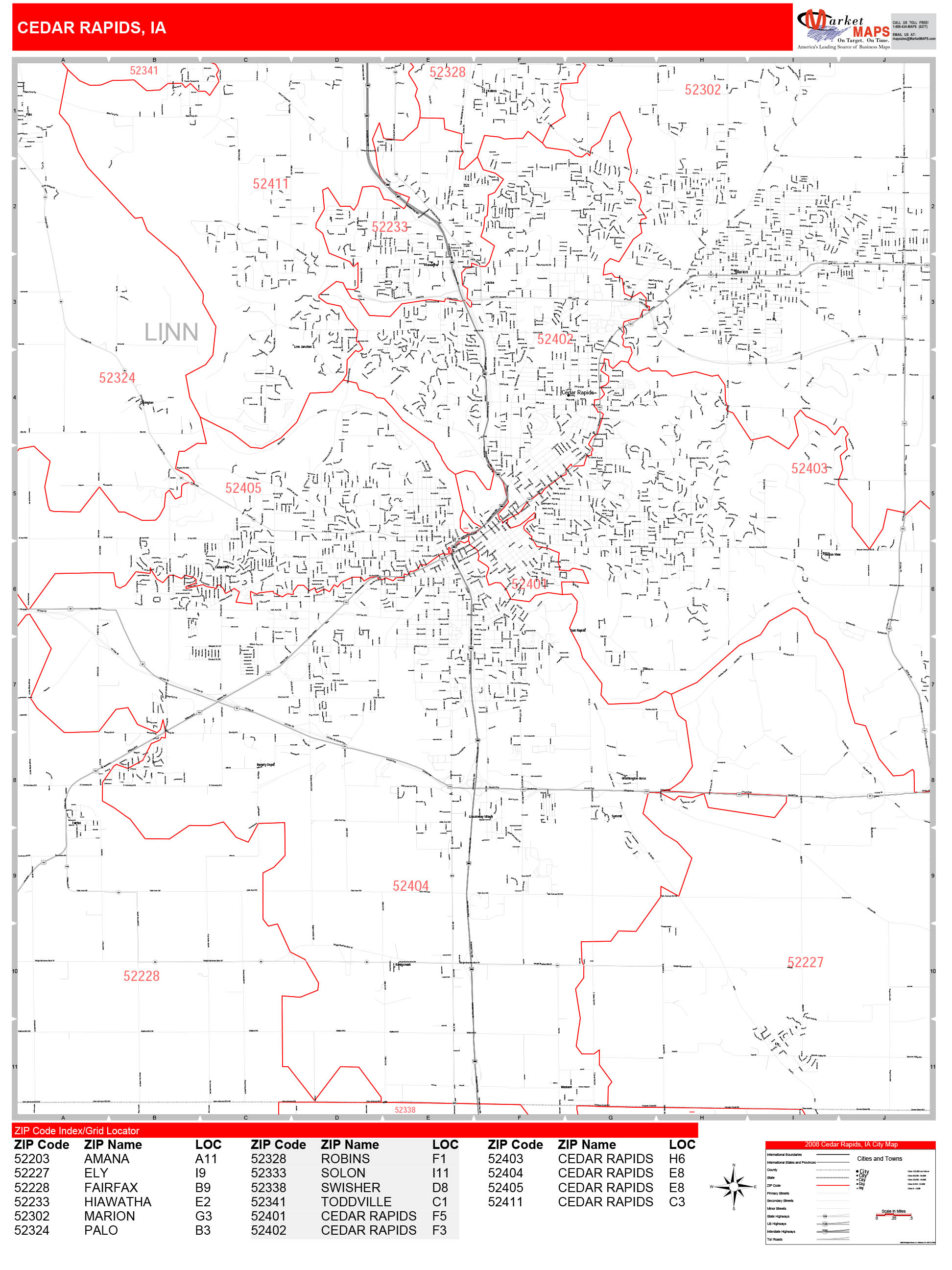 Cedar Rapids Iowa Zip Code Wall Map (Red Line Style) by MarketMAPS