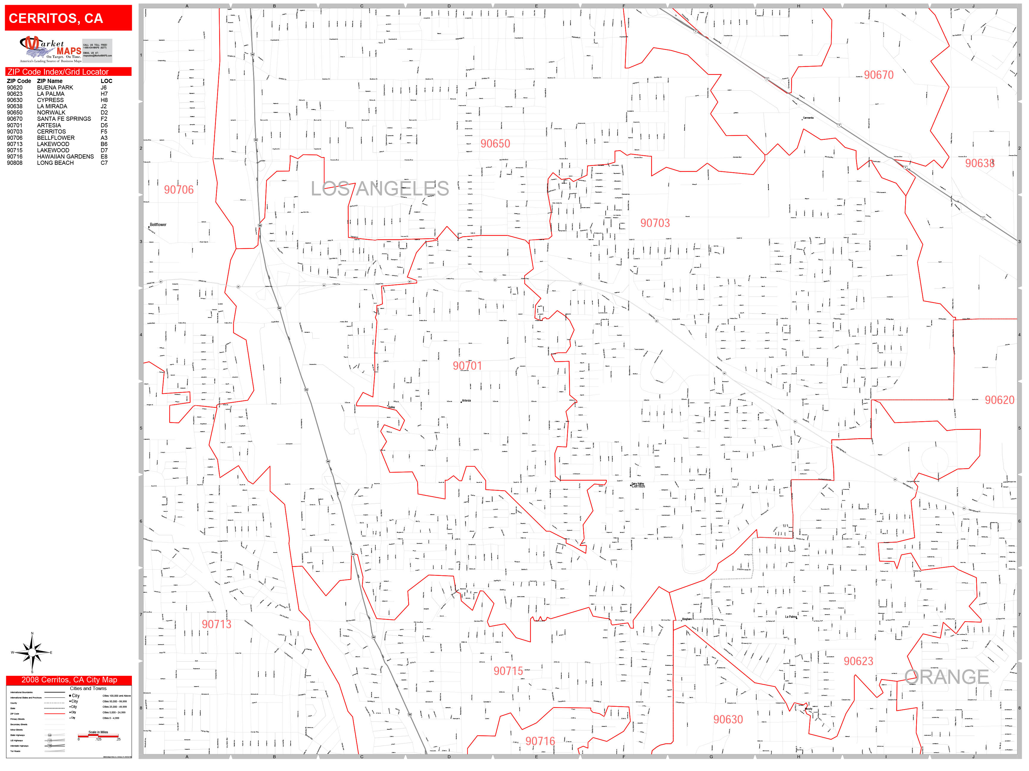 Cerritos California Zip Code Wall Map (Red Line Style) by MarketMAPS
