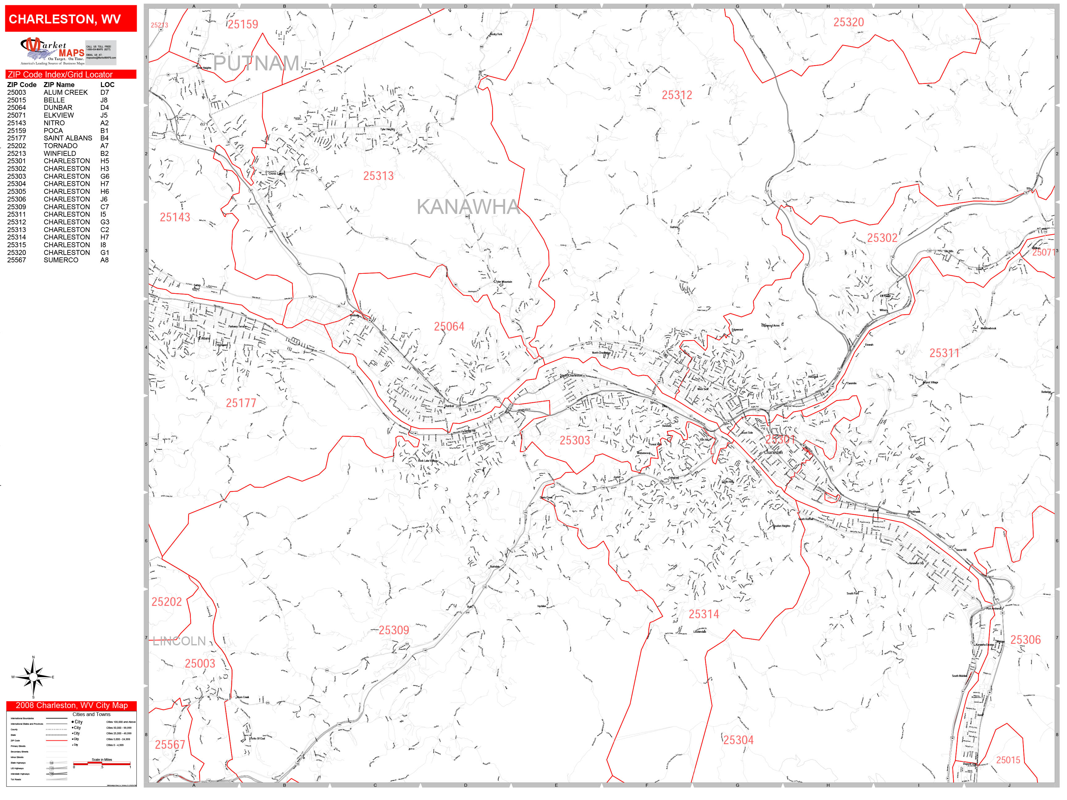 Charleston West Virginia Zip Code Wall Map (Red Line Style) by