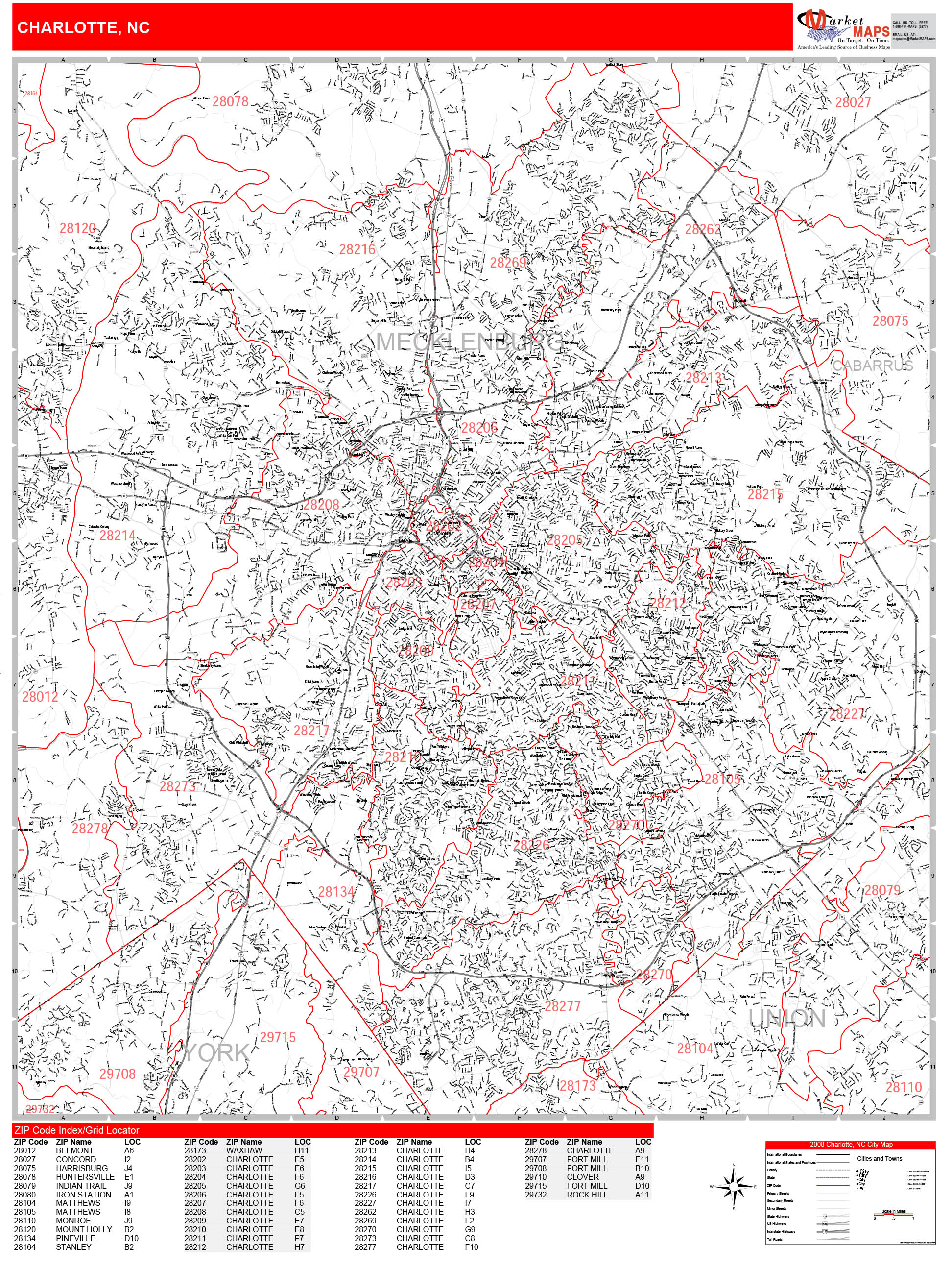 Charlotte North Carolina Zip Code Wall Map (Red Line Style) by MarketMAPS