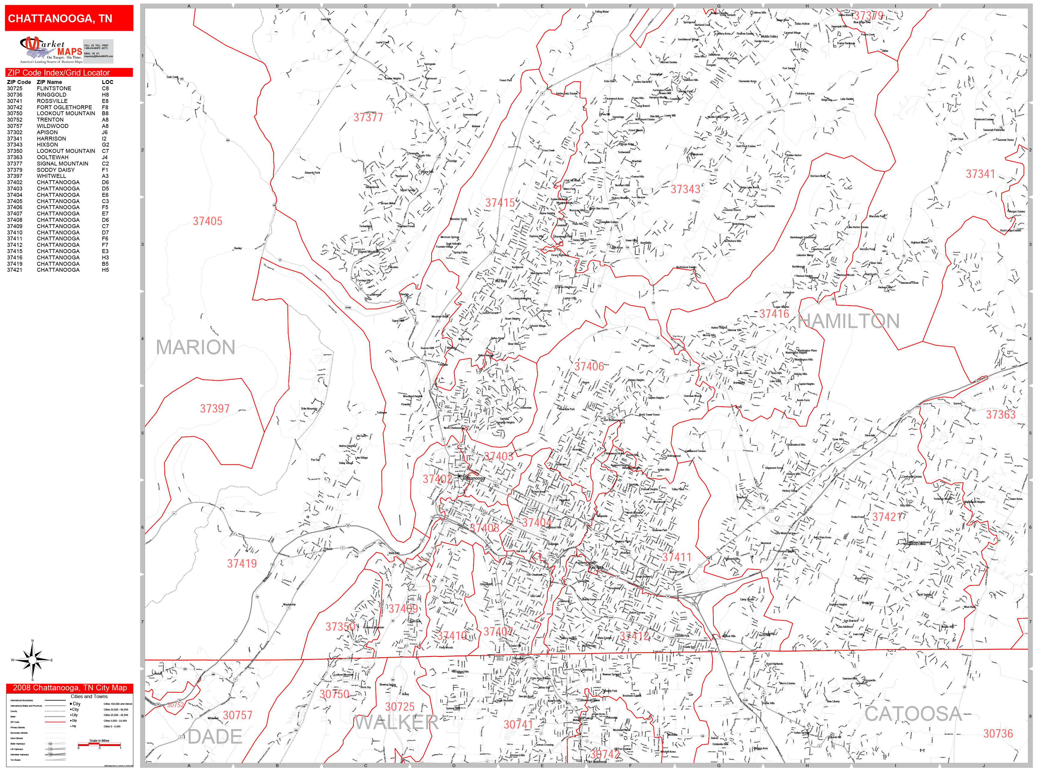 Chattanooga Tennessee Zip Code Wall Map (Red Line Style) by MarketMAPS