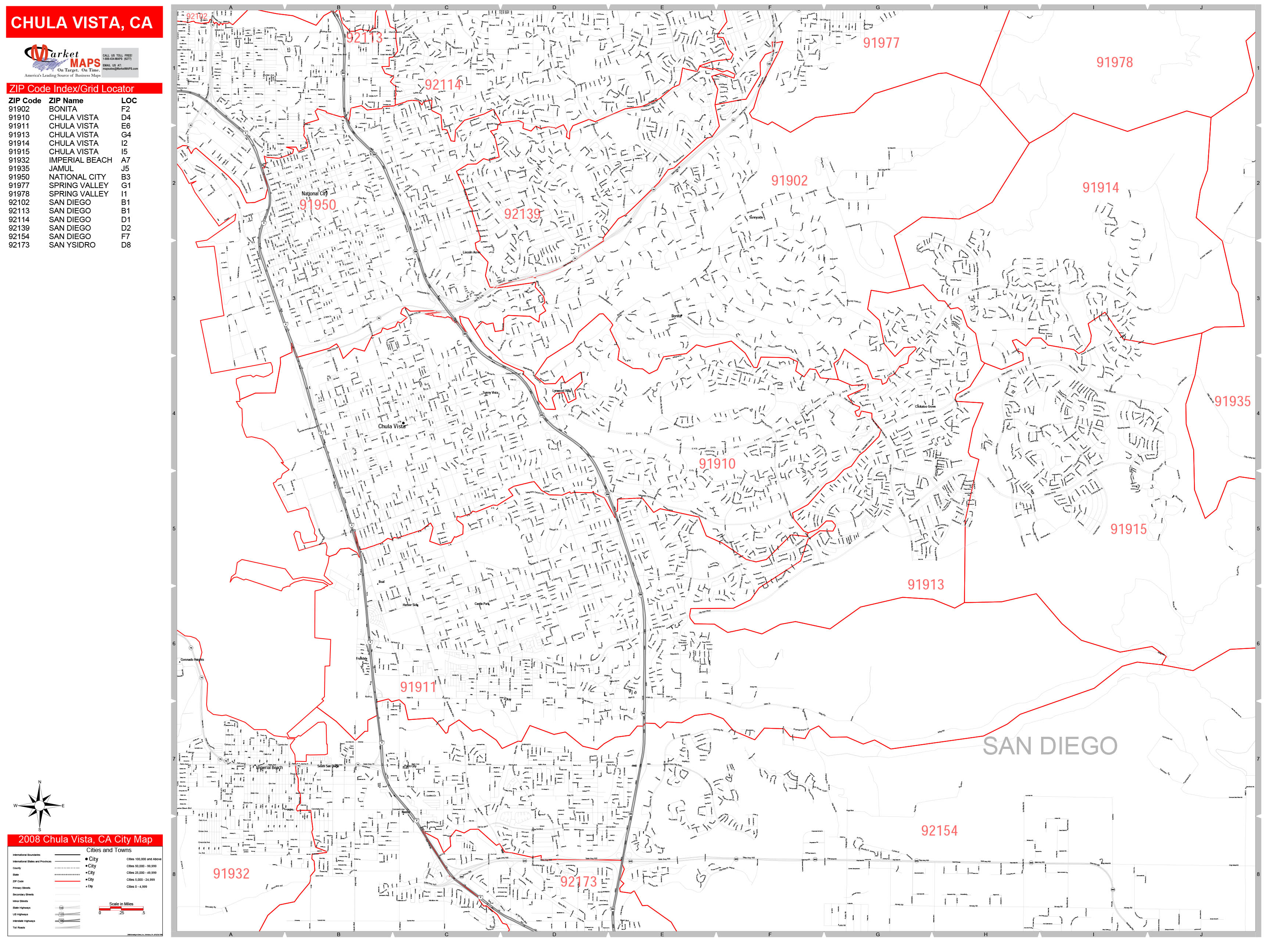 Chula Vista California Zip Code Wall Map Red Line Style By Marketmaps
