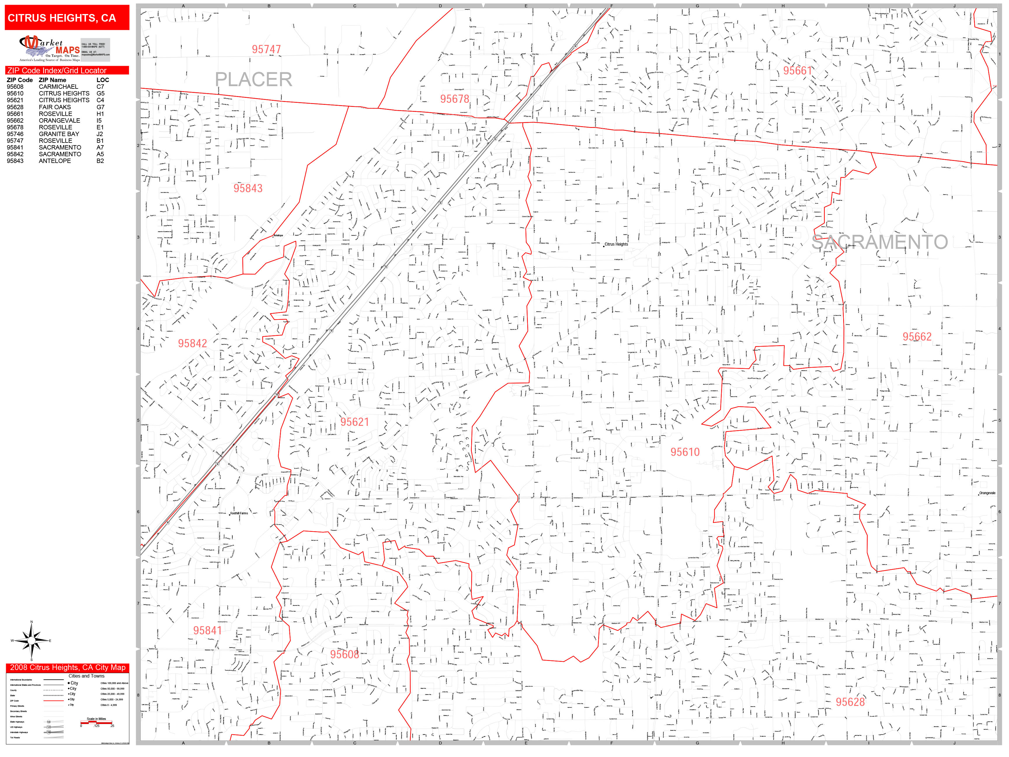 Citrus Heights California Zip Code Wall Map (Red Line Style) by MarketMAPS