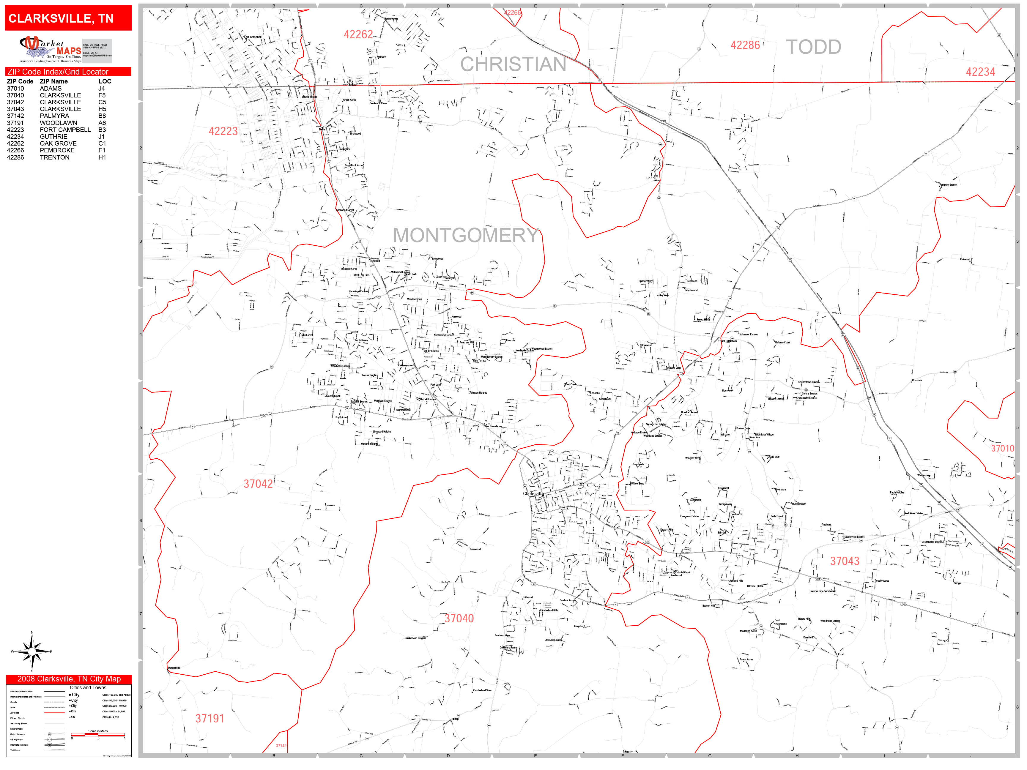 Clarksville Tennessee Zip Code Wall Map Red Line Style By Marketmaps