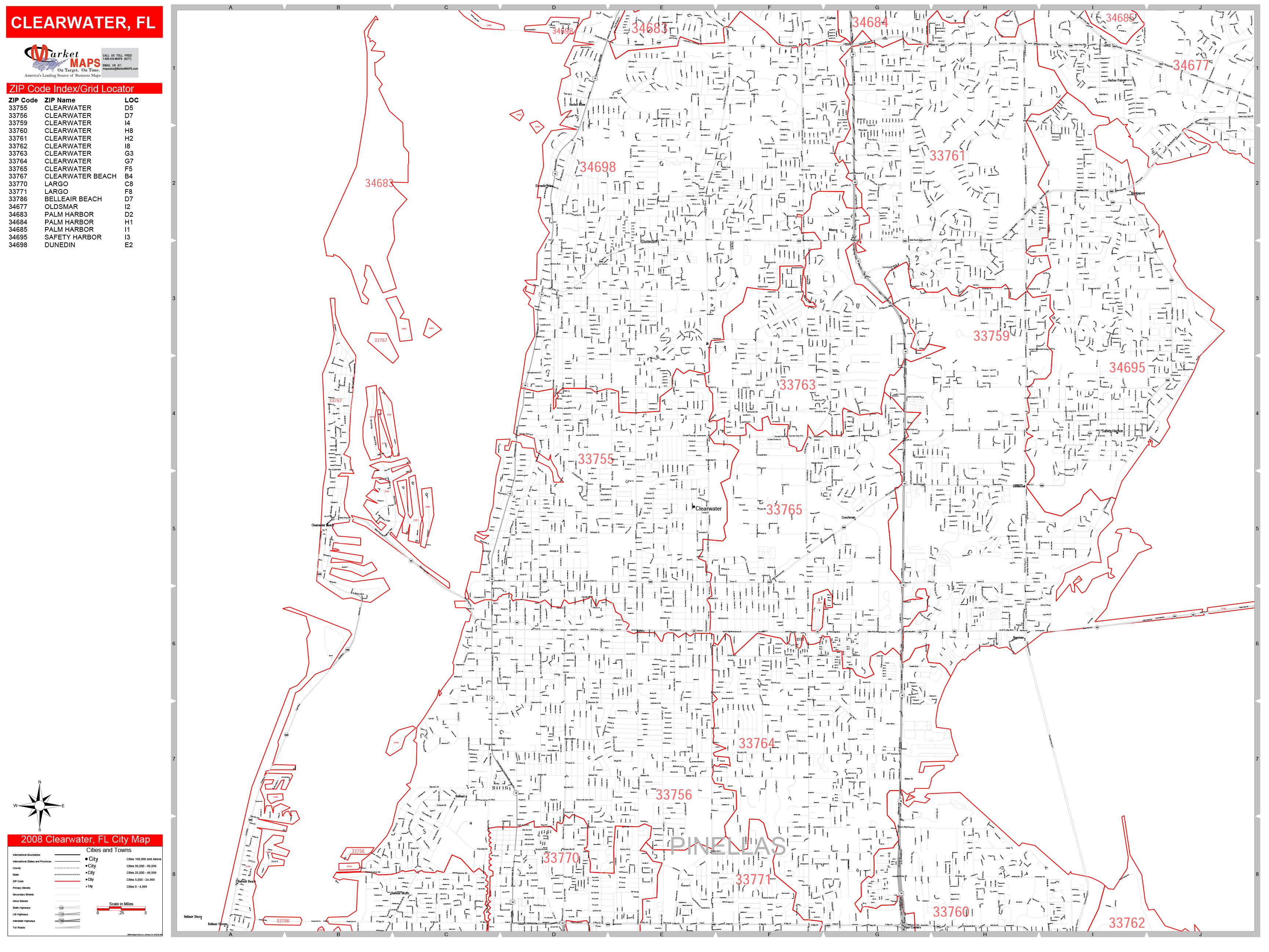 Clearwater Florida Zip Code Wall Map (Red Line Style) by MarketMAPS
