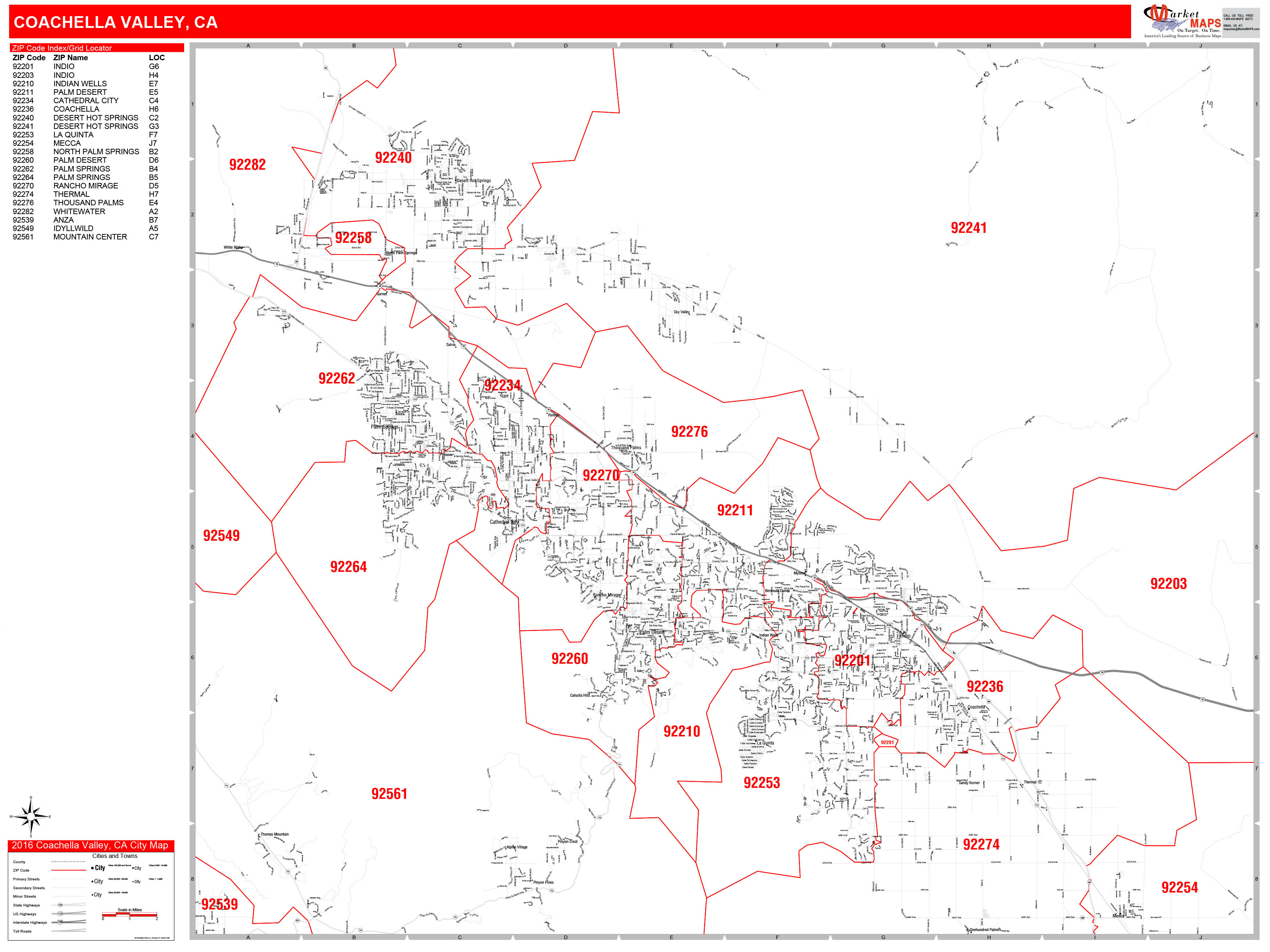 Coachella Valley California Zip Code Wall Map (Red Line Style) by