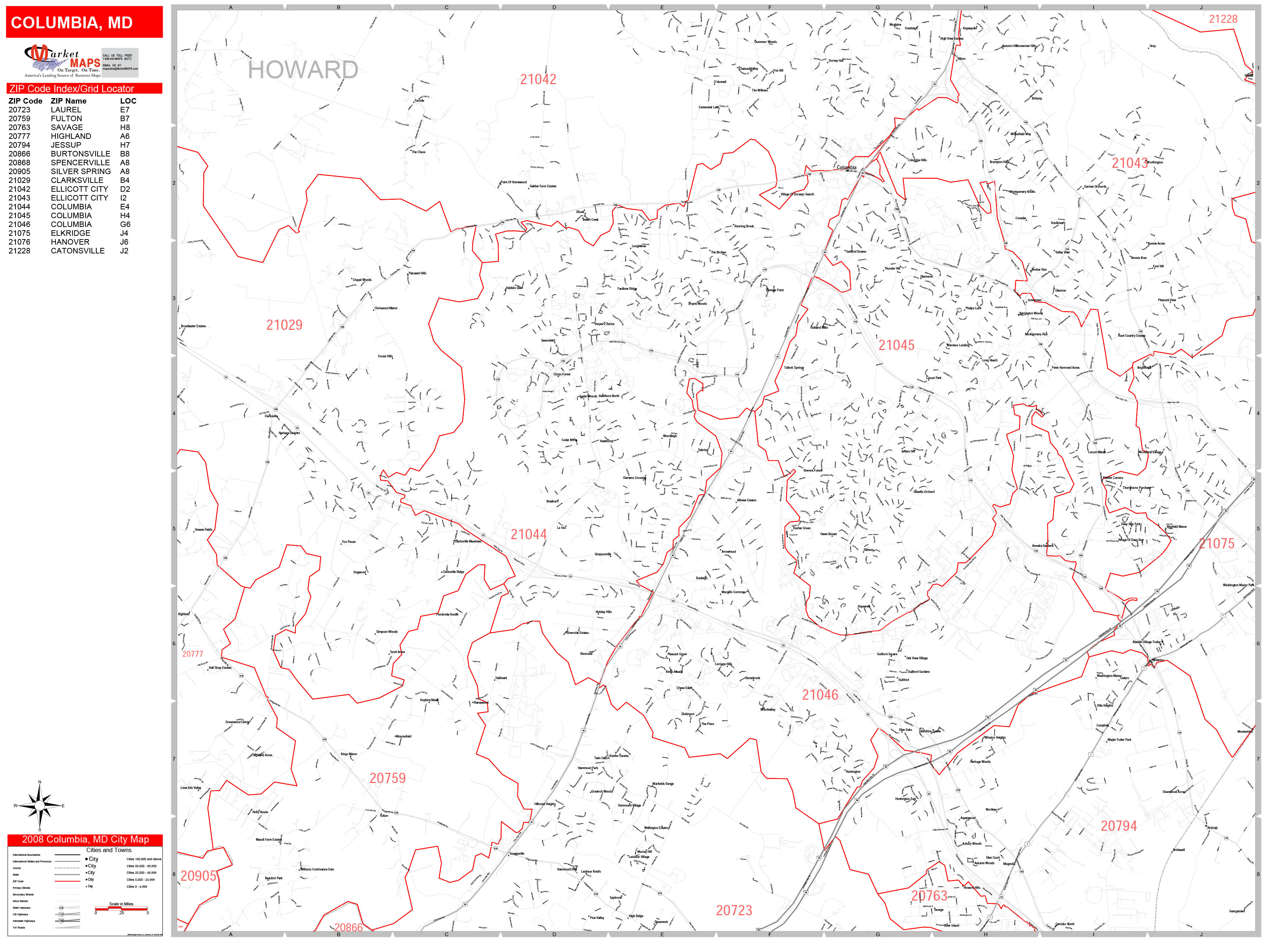 Columbia Maryland Zip Code Wall Map (Red Line Style) by MarketMAPS