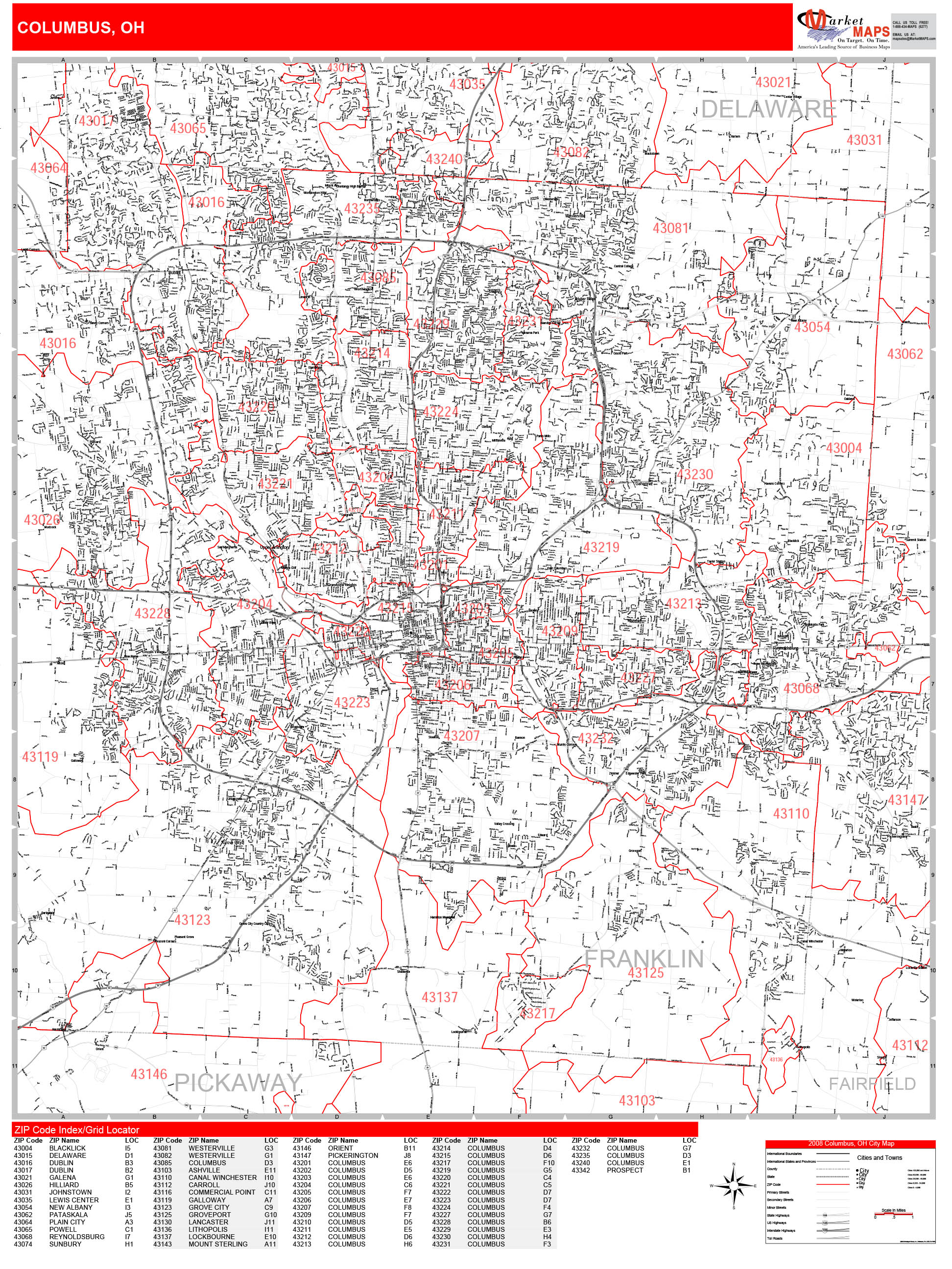 Columbus Ohio Zip Code Wall Map Red Line Style By MarketMAPS MapSales