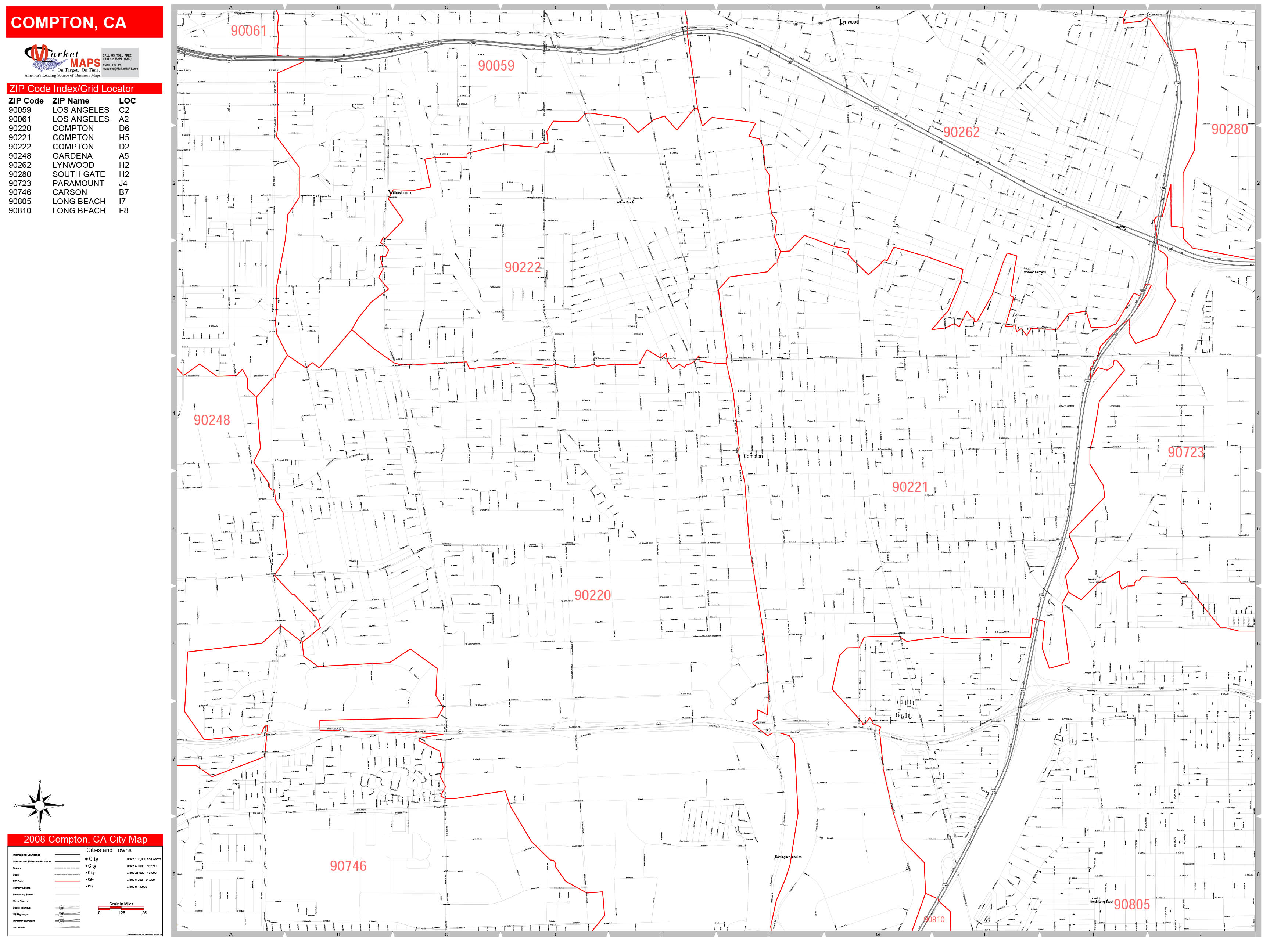 Compton California Zip Code Wall Map (Red Line Style) by MarketMAPS