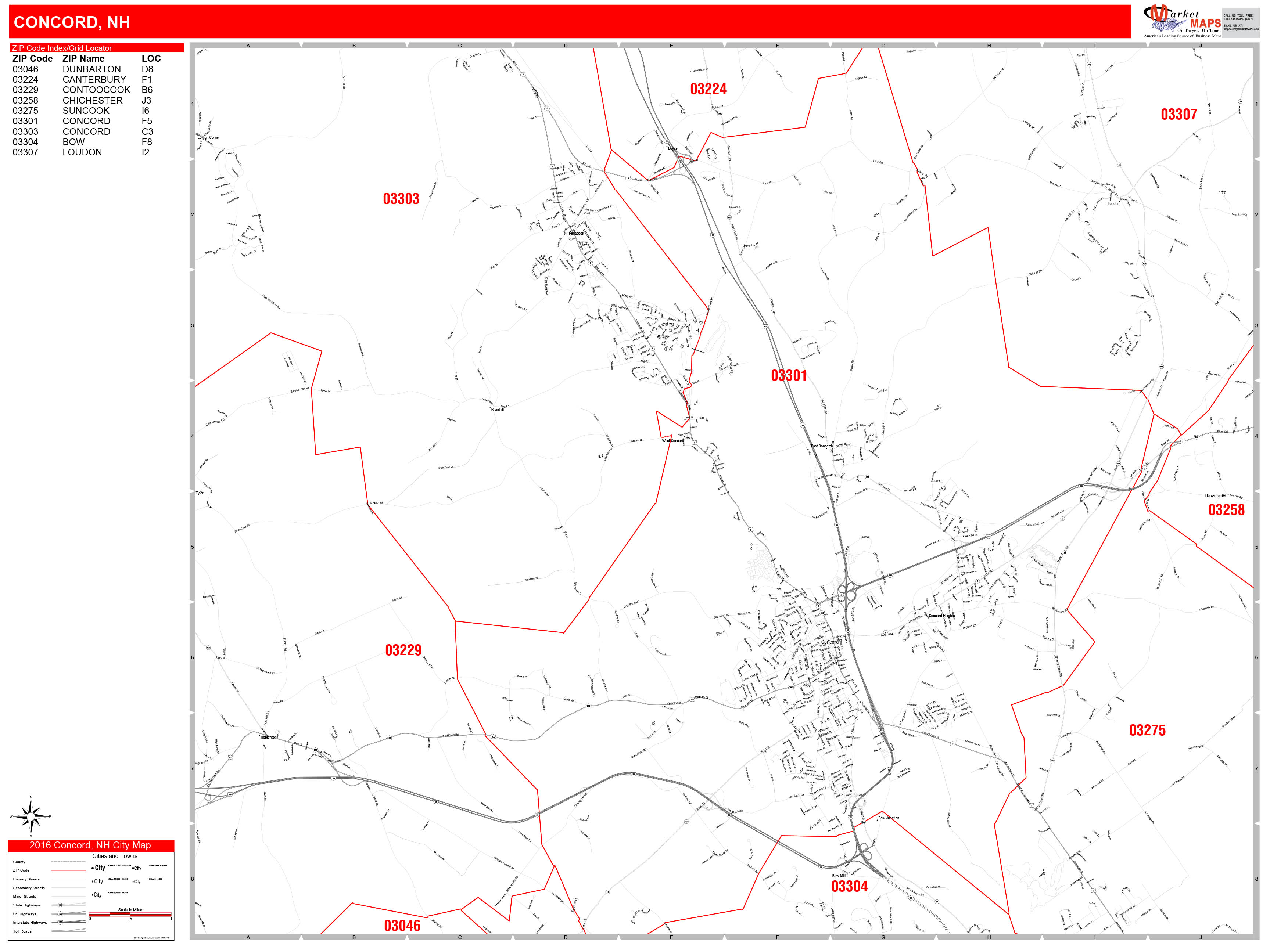 Concord New Hampshire Zip Code Wall Map (Red Line Style) by MarketMAPS