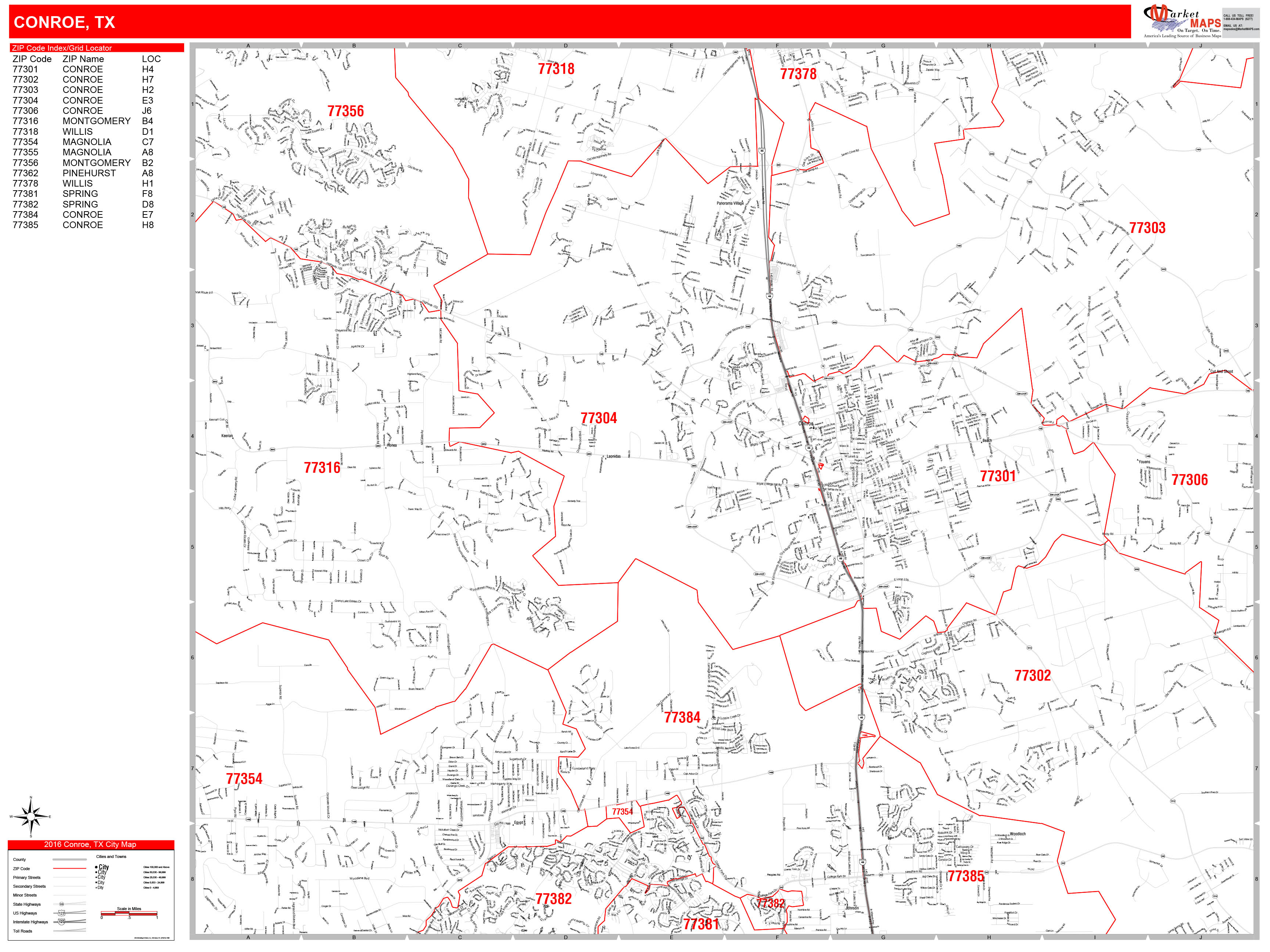 Conroe Texas Zip Code Wall Map Red Line Style By Marketmaps